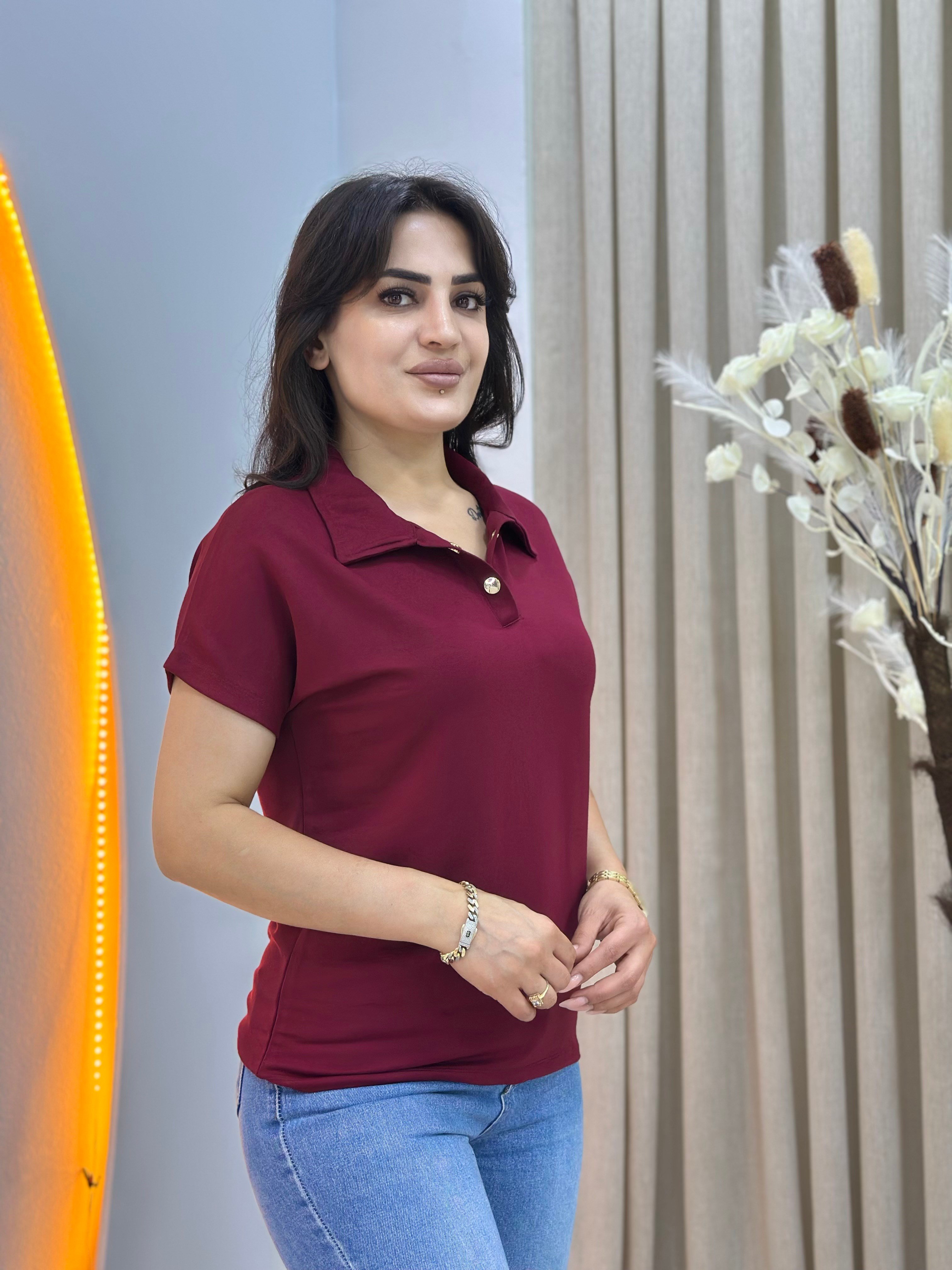 İvone Bordo Polo Yaka Gold Düğme Detaylı Tshirt Bluz D150