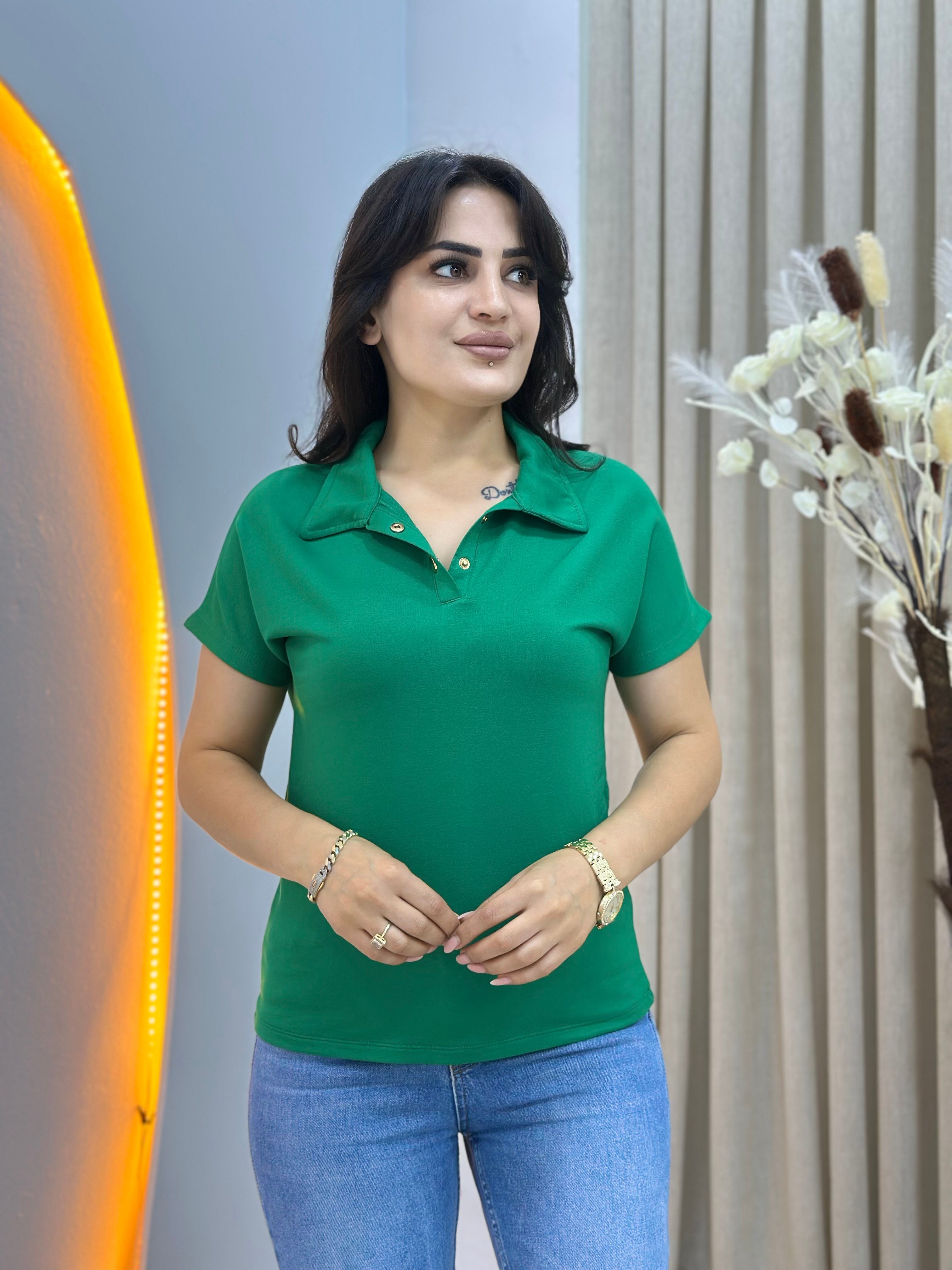 İvone Çimen Yeşili  Polo Yaka Gold Düğme Detaylı Tshirt Bluz D150