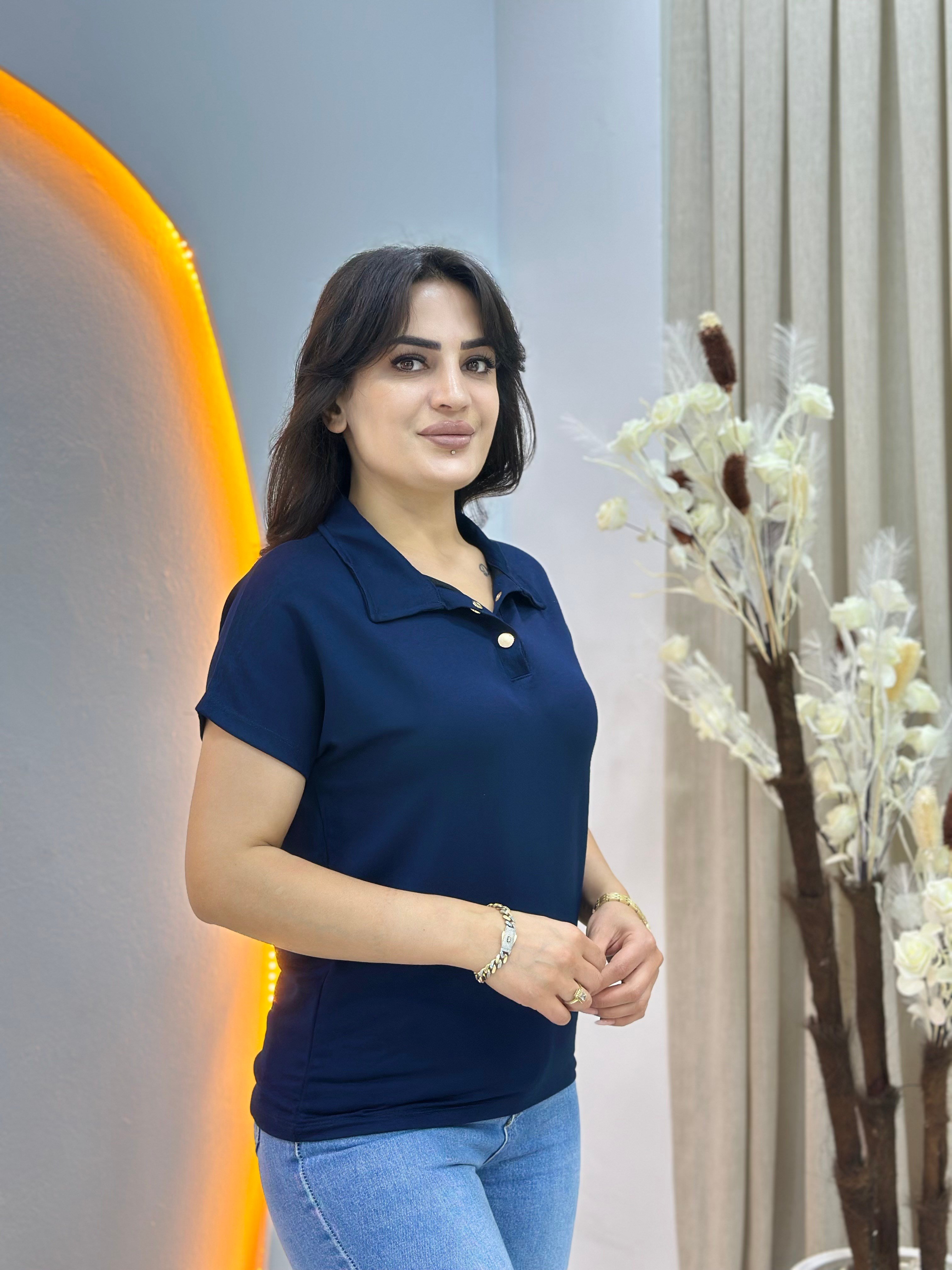 İvone Lacivert Polo Yaka Gold Düğme Detaylı Tshirt Bluz D150