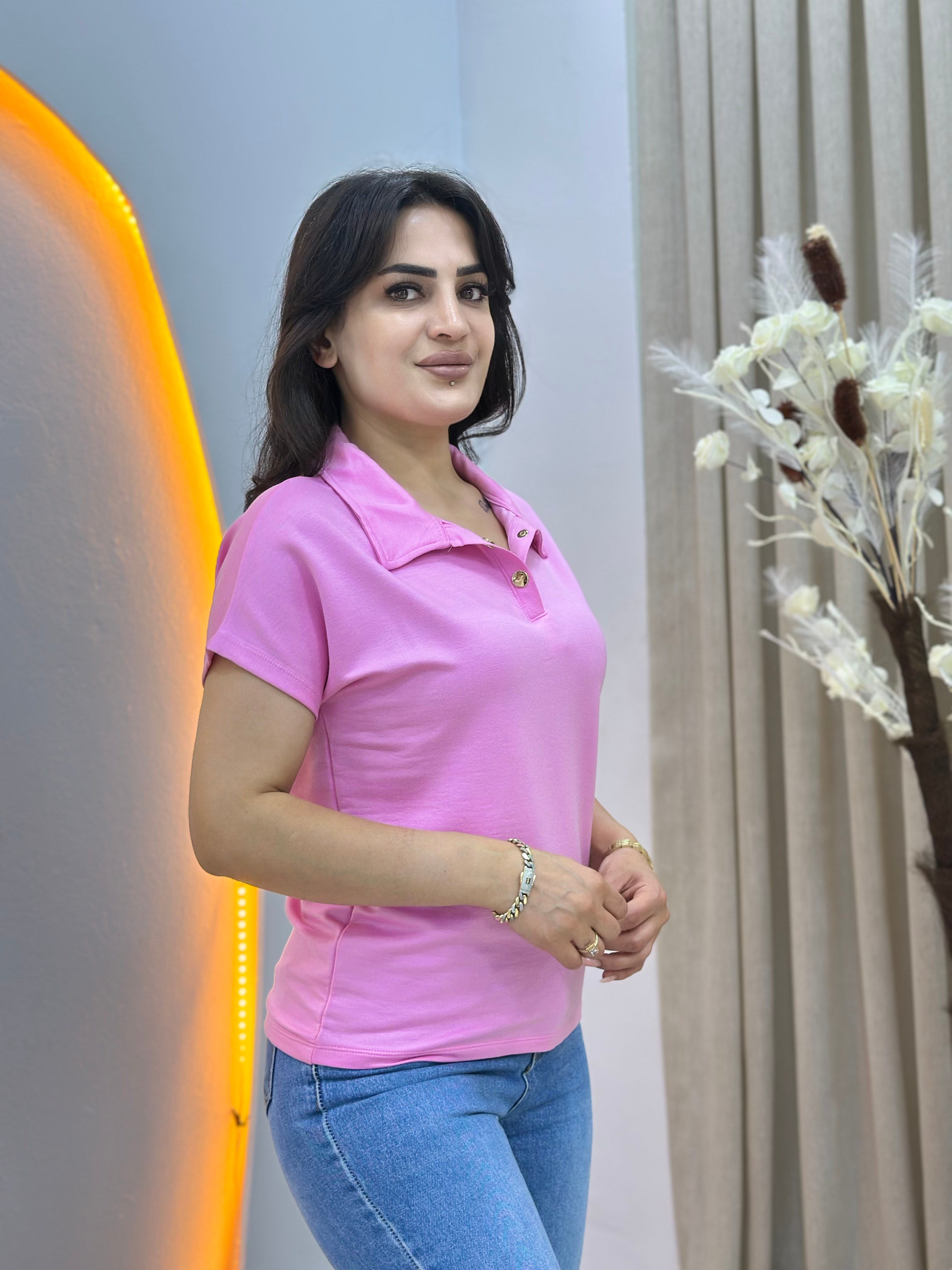 İvone Pembe Polo Yaka Gold Düğme Detaylı Tshirt Bluz D150