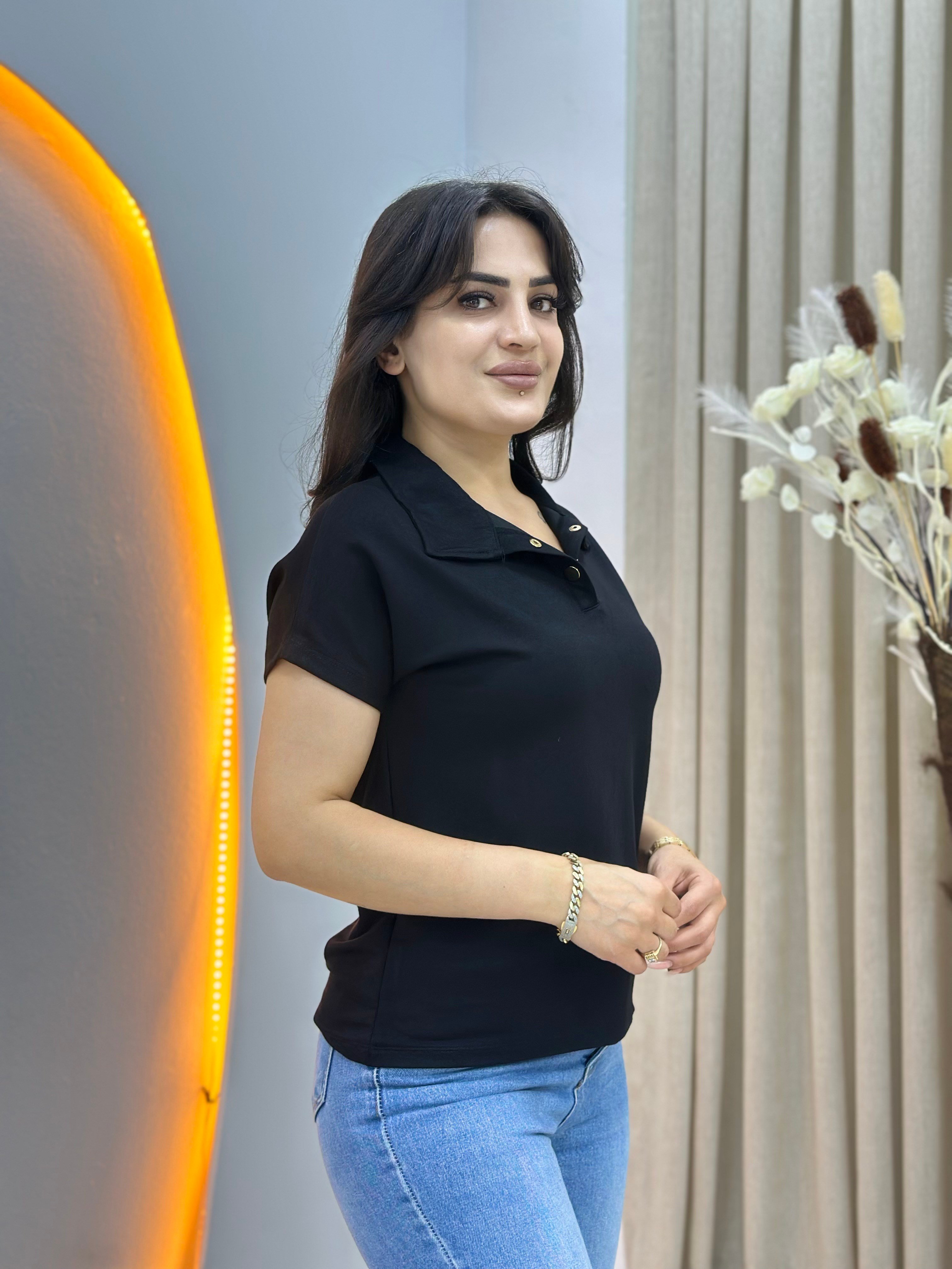 İvone Siyah Polo Yaka Gold Düğme Detaylı Tshirt Bluz D150