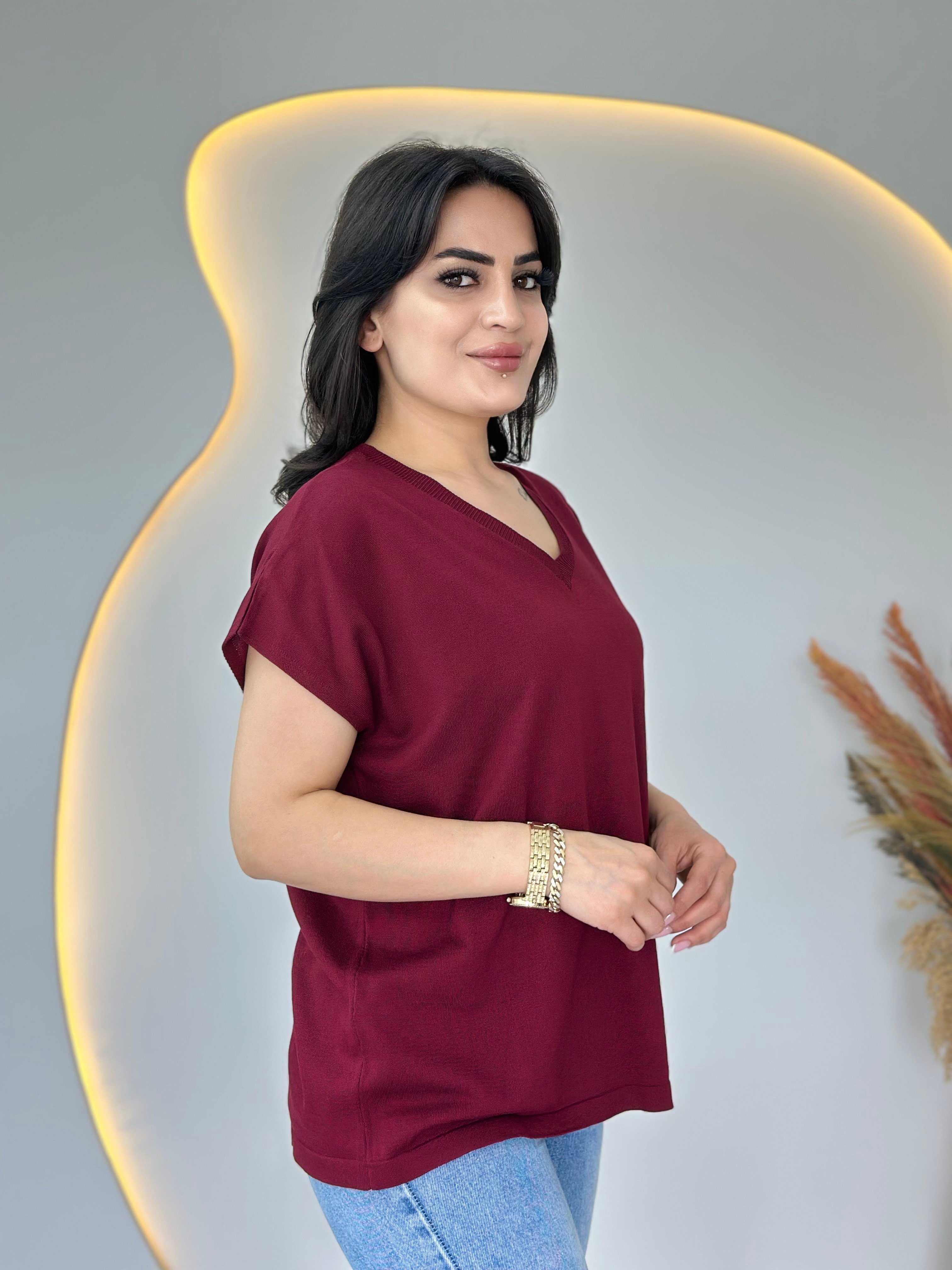 İza Bordo V yaka Düşük Omuzlu Kısa Kollu Merserize Bluz D108