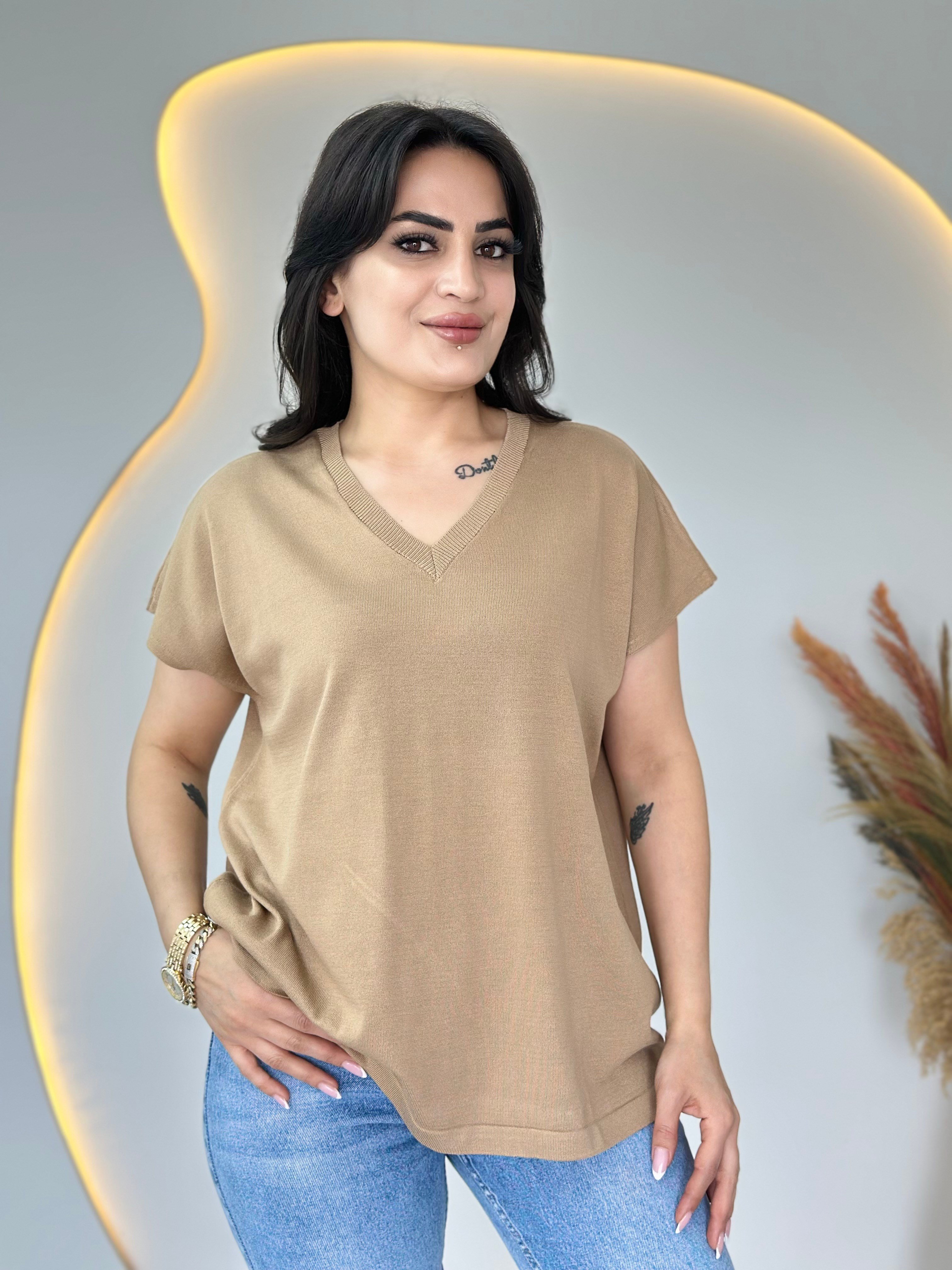 İza Camel V yaka Düşük Omuzlu Kısa Kollu Merserize Bluz D108