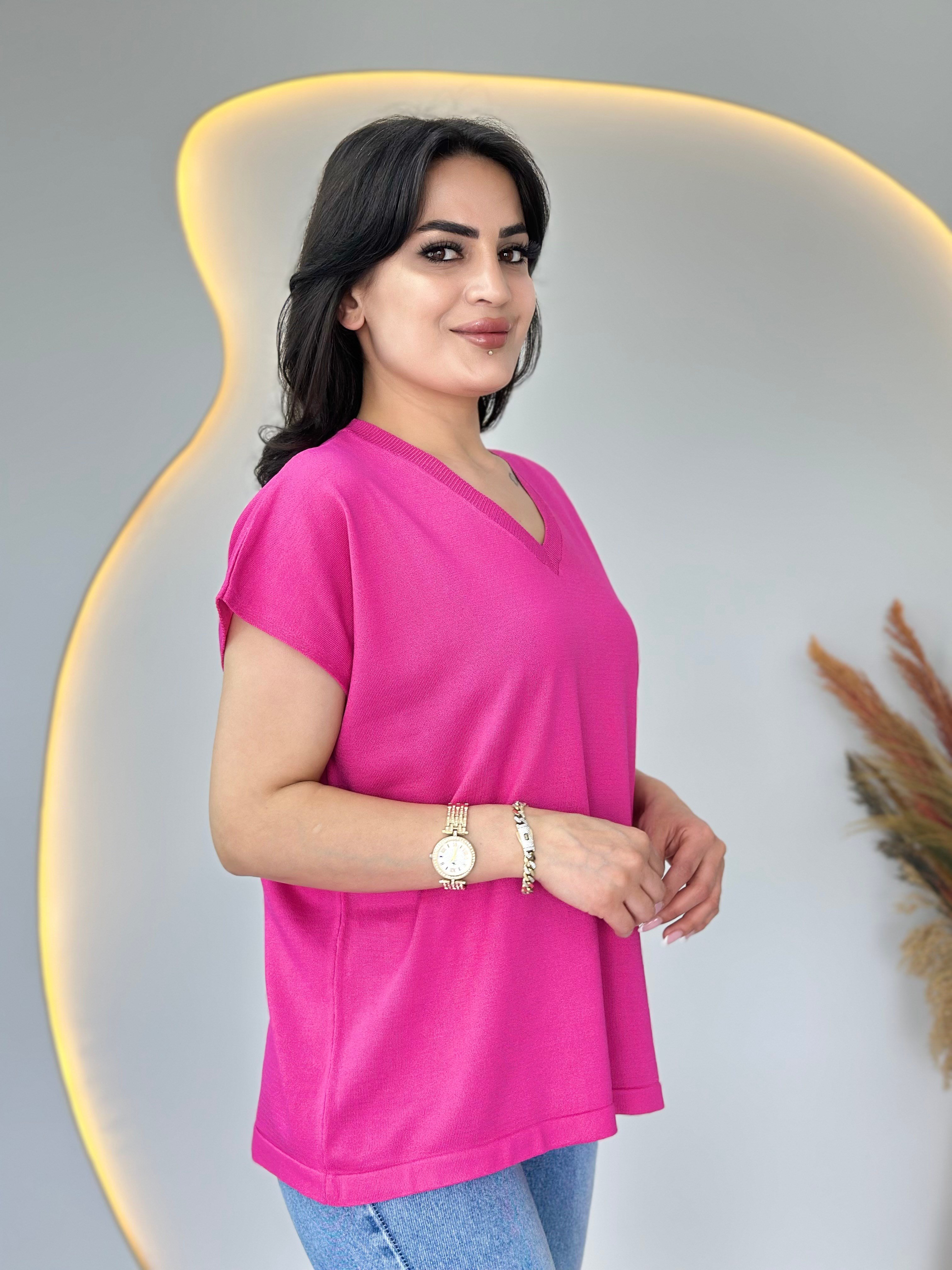 İza Pembe V yaka Düşük Omuzlu Kısa Kollu Merserize Bluz D108