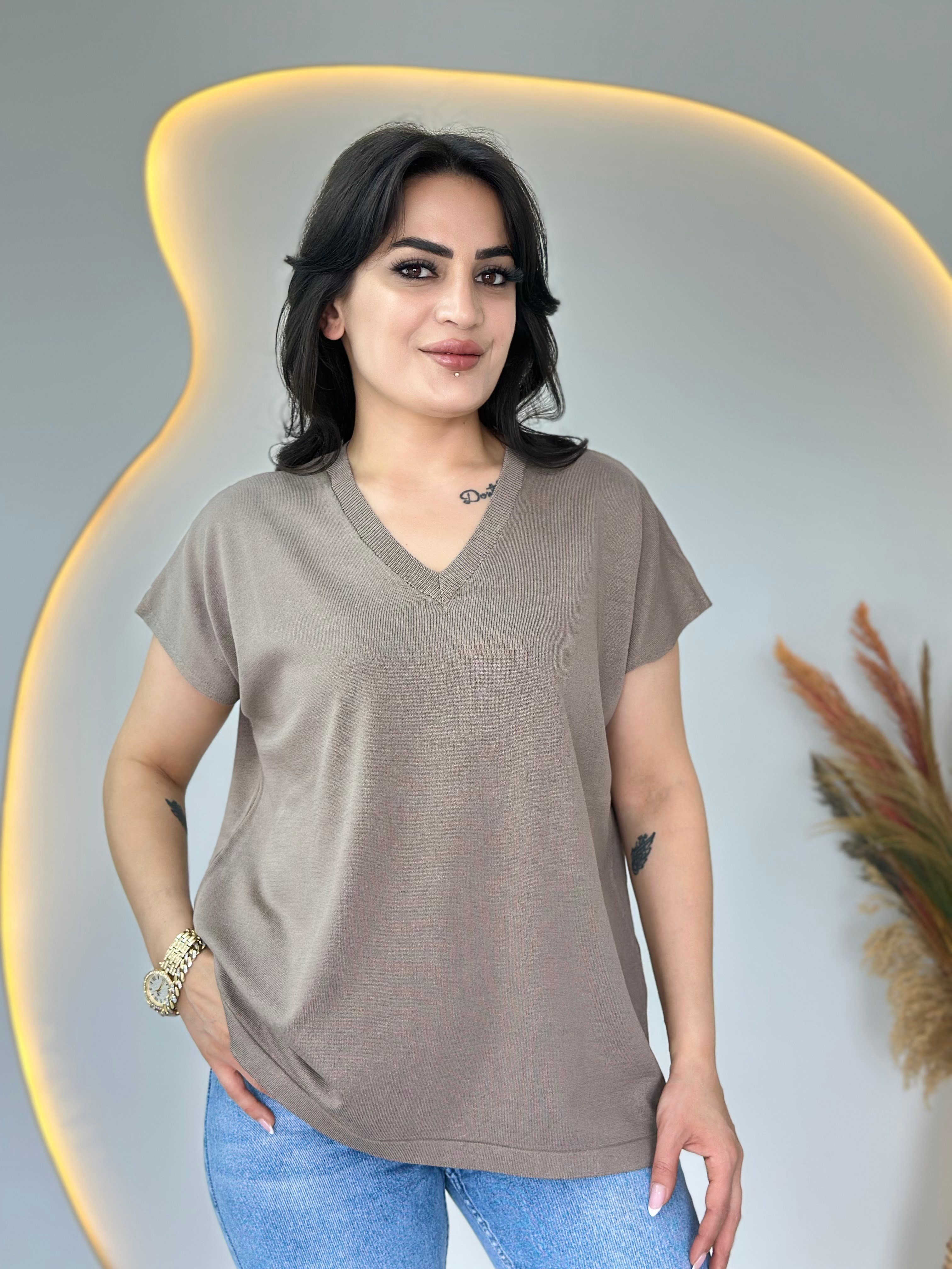 İza Vizon V yaka Düşük Omuzlu Kısa Kollu Merserize Bluz D108