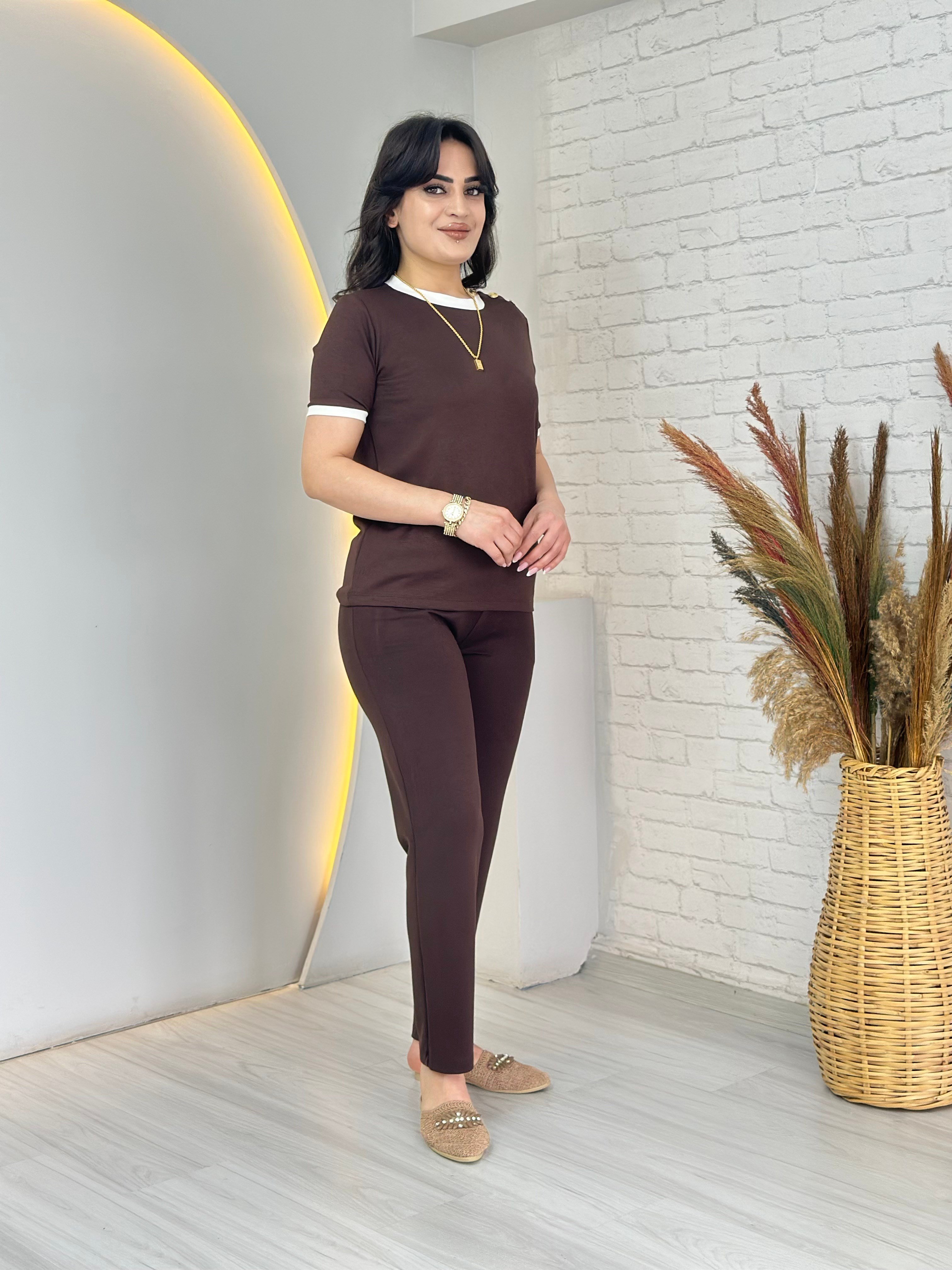 Karum Kahve Yaka Ribanalı Düğme Detaylı Modal Cepli Alt Üst Eşofman Takım D123