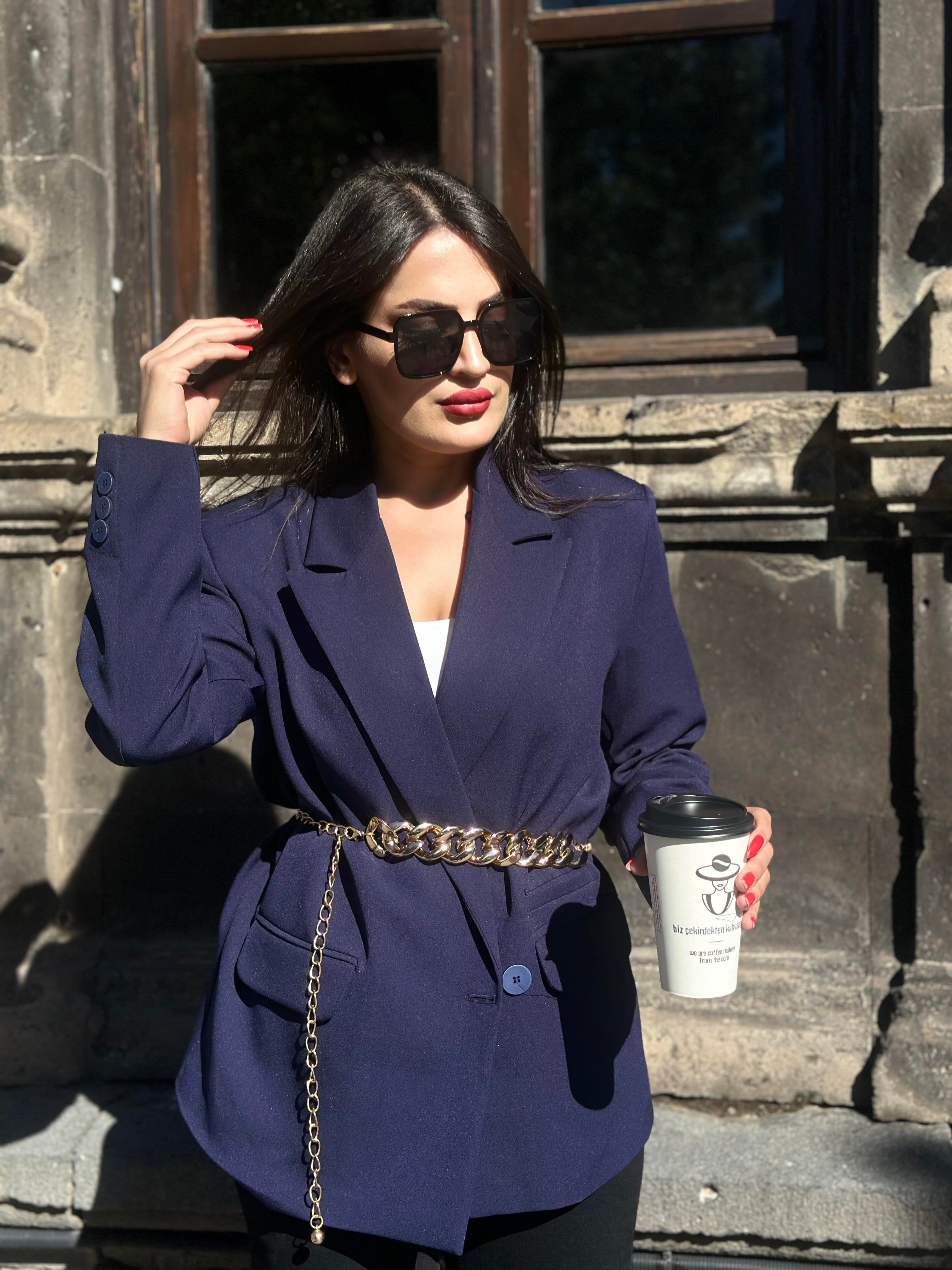 Lacivert Çift Cep Çapraz Tek Düğme Astarlı Blazer Ceket