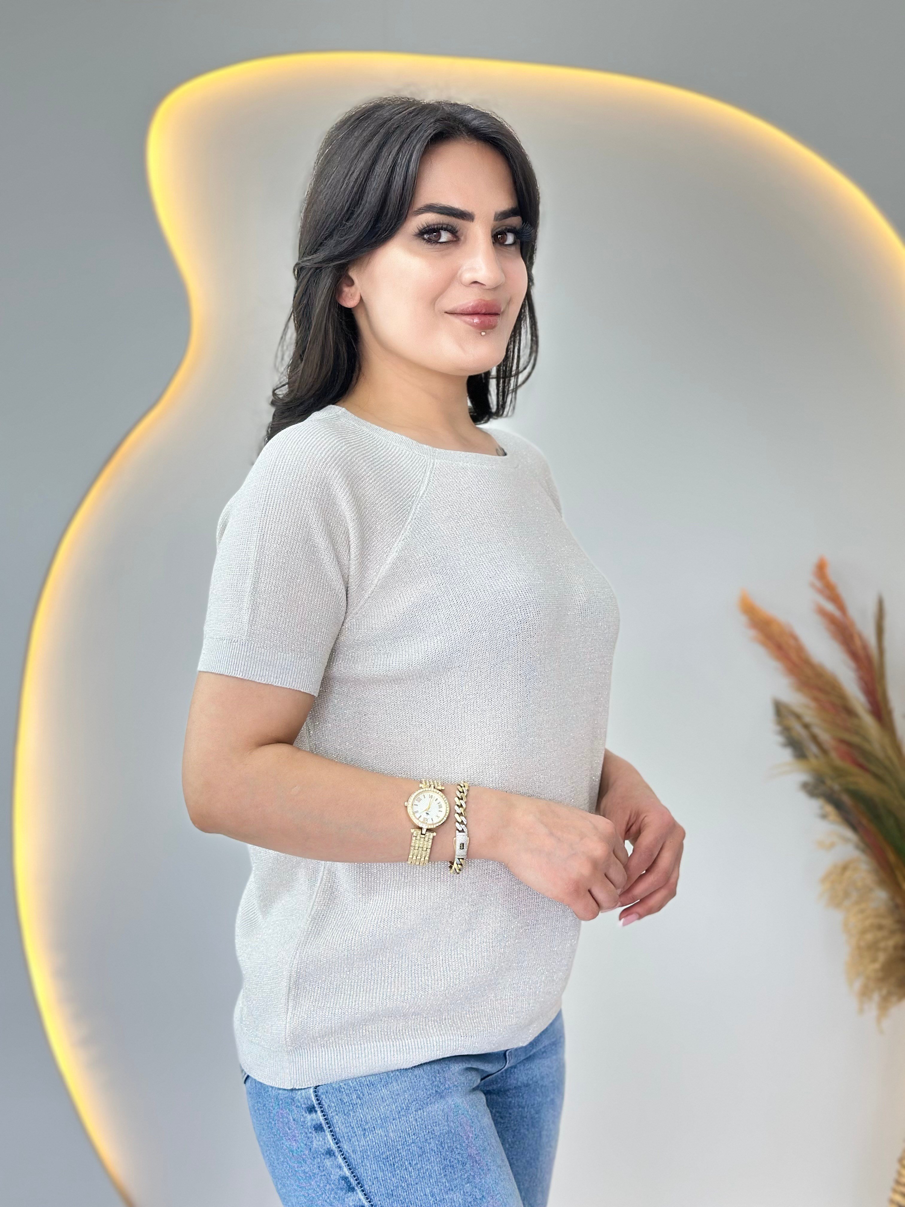 Lanze Beyaz Bisiklet Yaka Simli Selanik Örme Triko Bluz D110