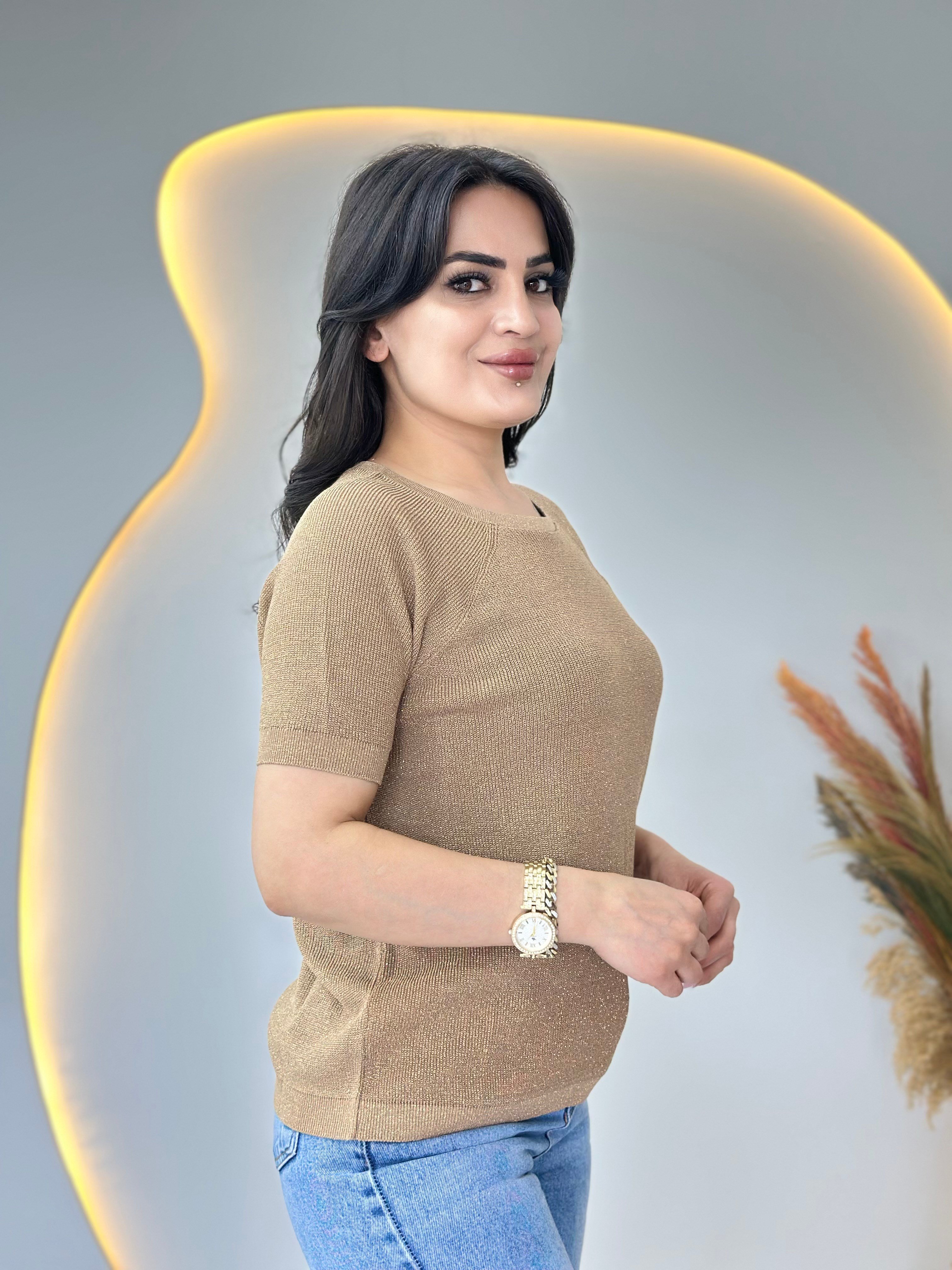 Lanze Camel Bisiklet Yaka Simli Selanik Örme Triko Bluz D110