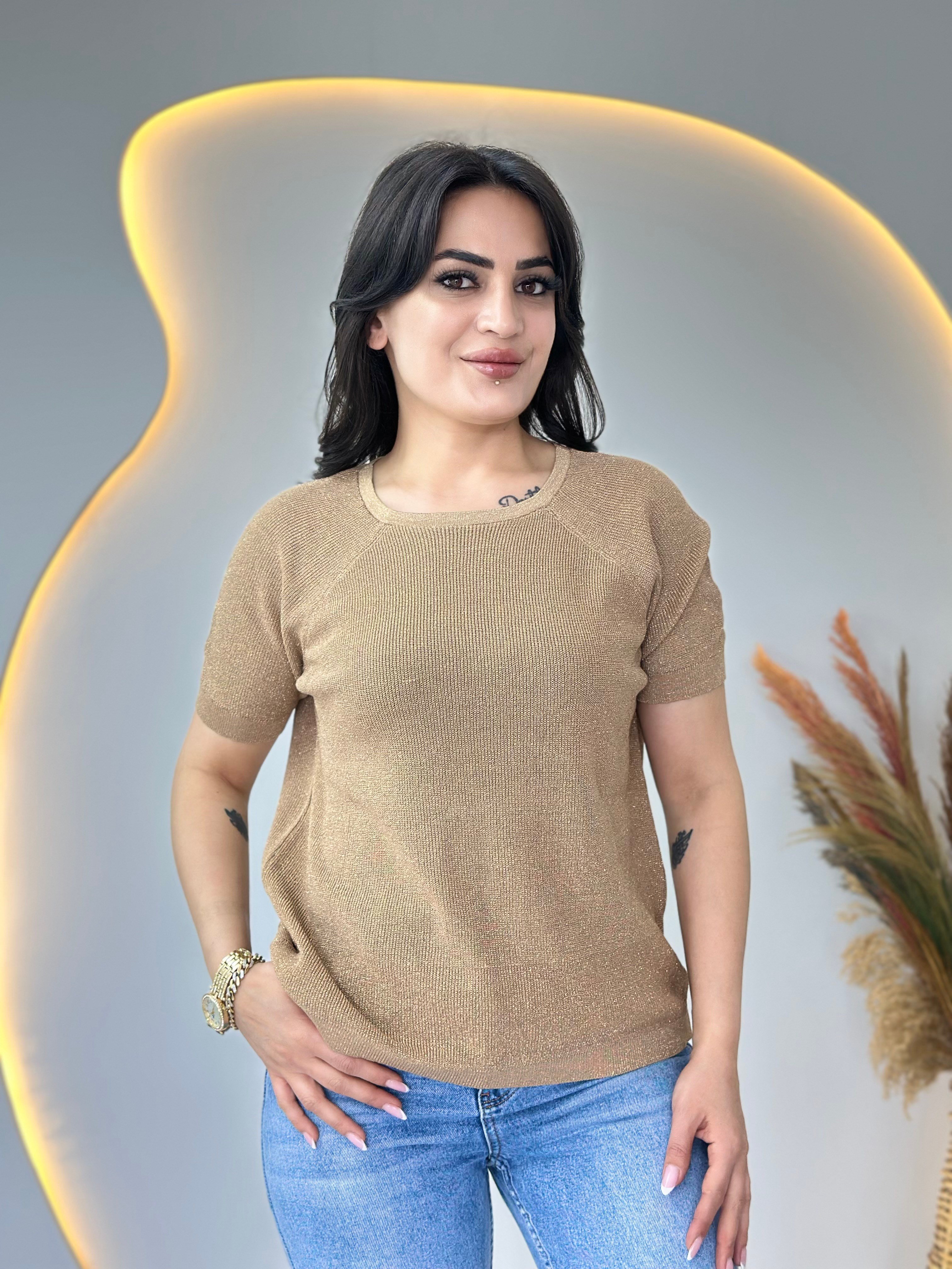 Lanze Camel Bisiklet Yaka Simli Selanik Örme Triko Bluz D110