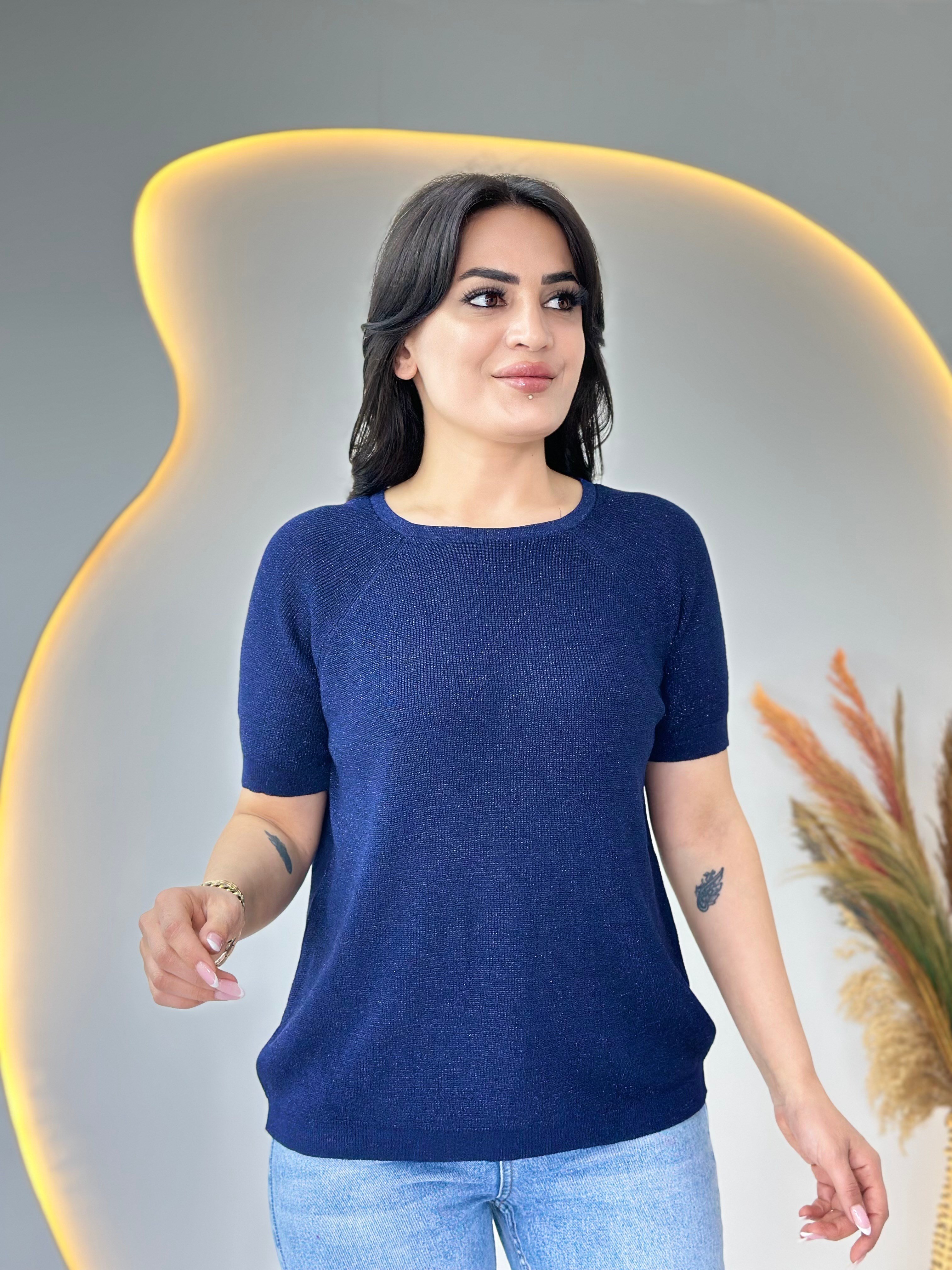 Lanze Lacivert Bisiklet Yaka Simli Selanik Örme Triko Bluz D110