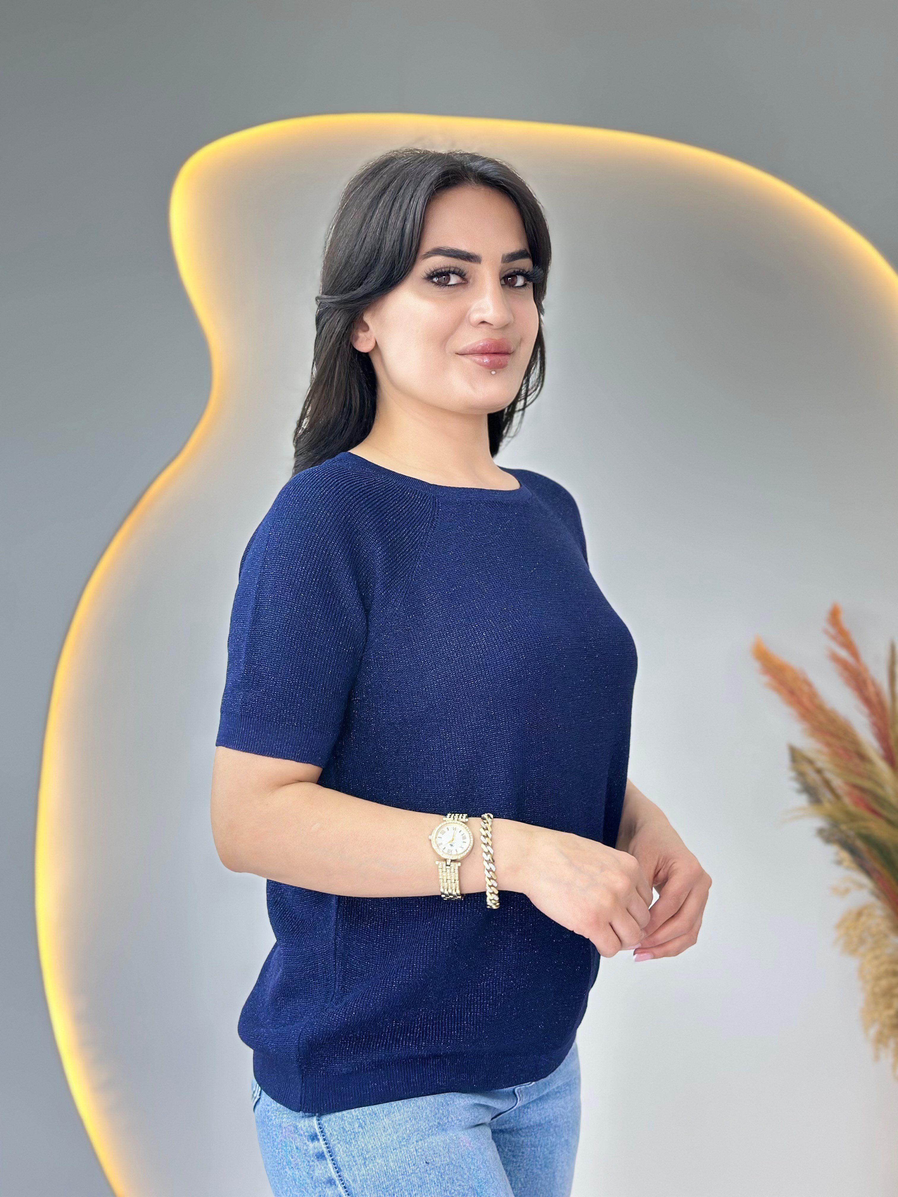 Lanze Lacivert Bisiklet Yaka Simli Selanik Örme Triko Bluz D110