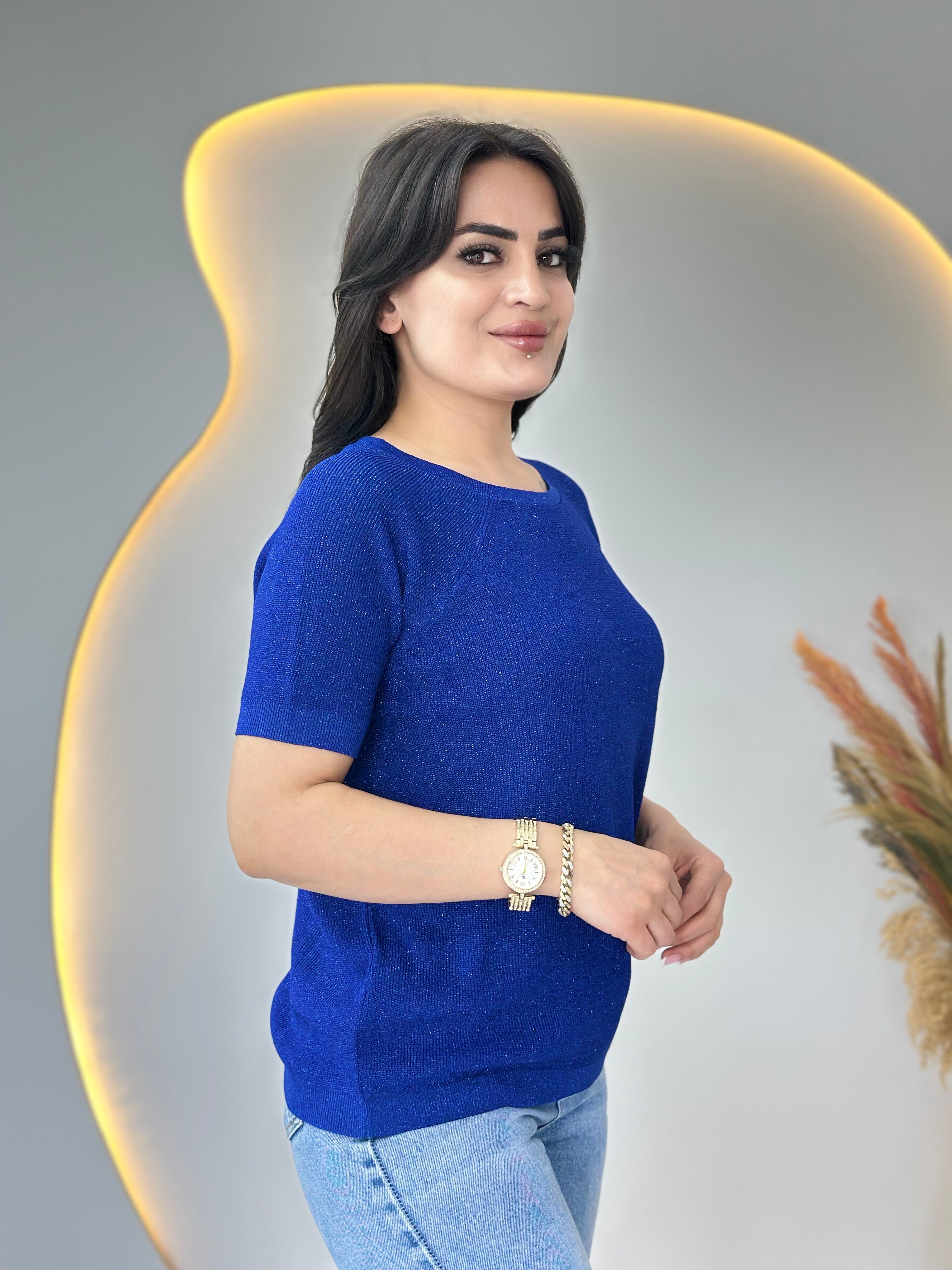 Lanze Saks Mavi Bisiklet Yaka Simli Selanik Örme Triko Bluz D110