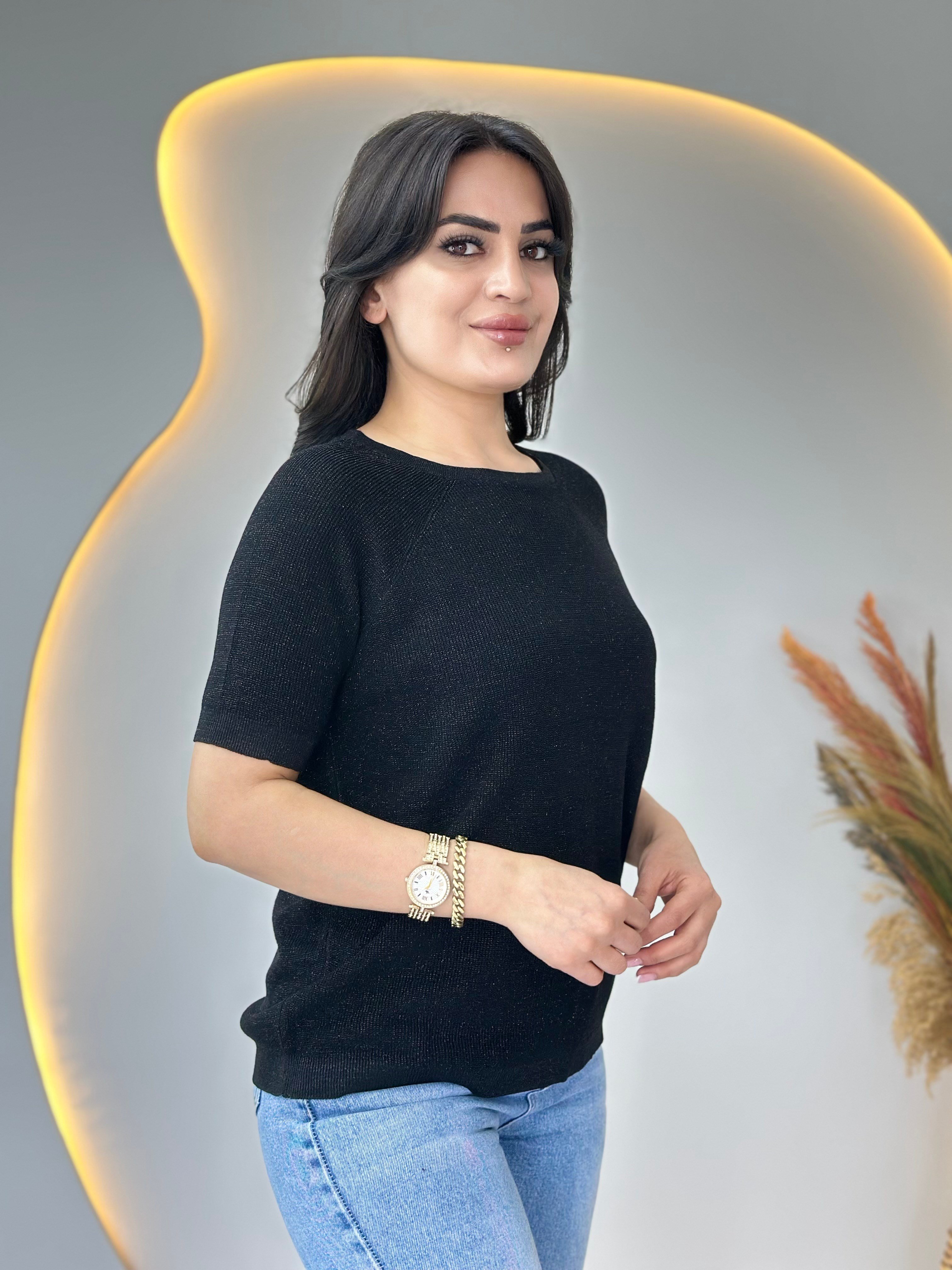 Lanze Siyah Bisiklet Yaka Simli Selanik Örme Triko Bluz D110