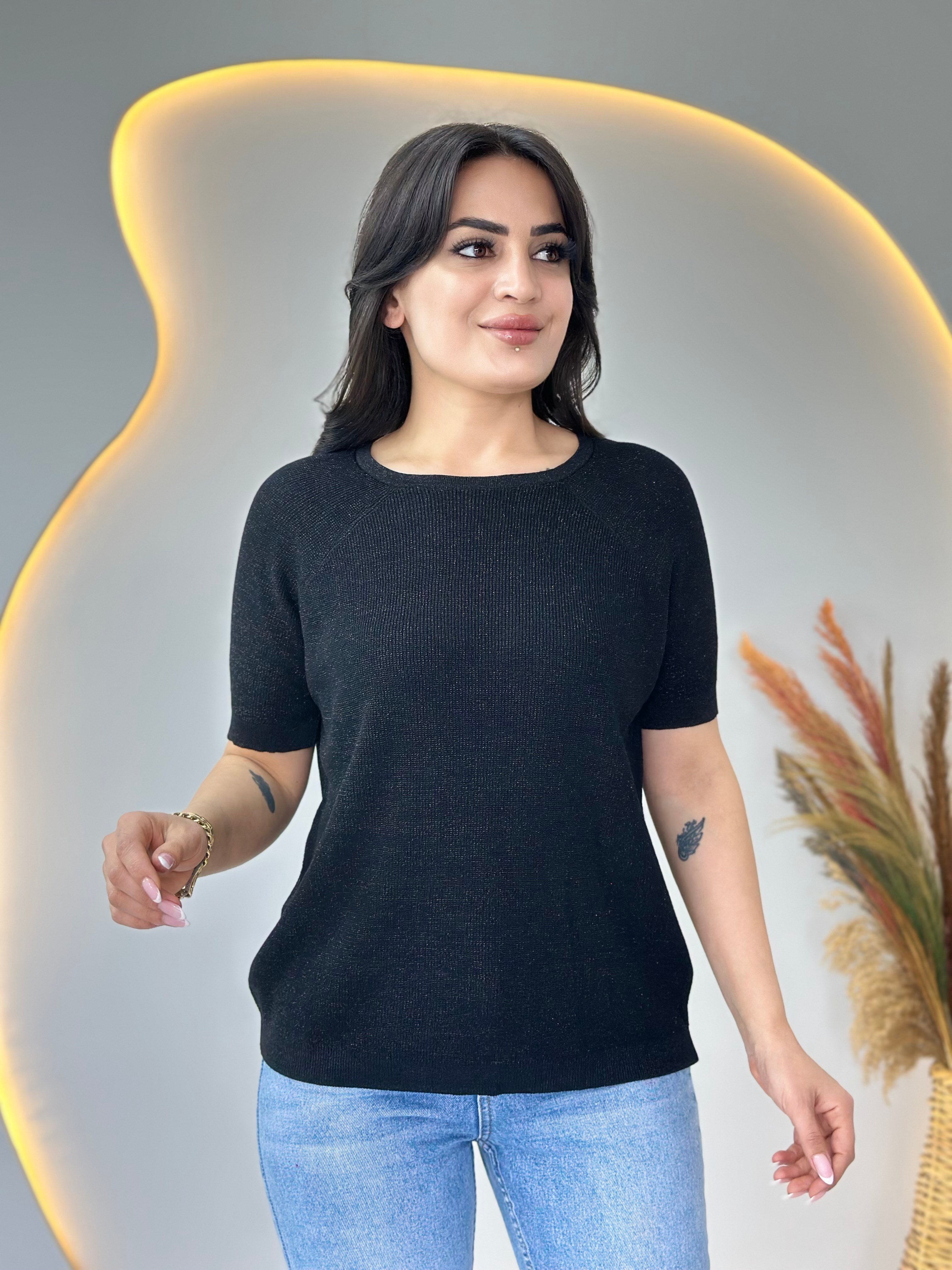 Lanze Siyah Bisiklet Yaka Simli Selanik Örme Triko Bluz D110