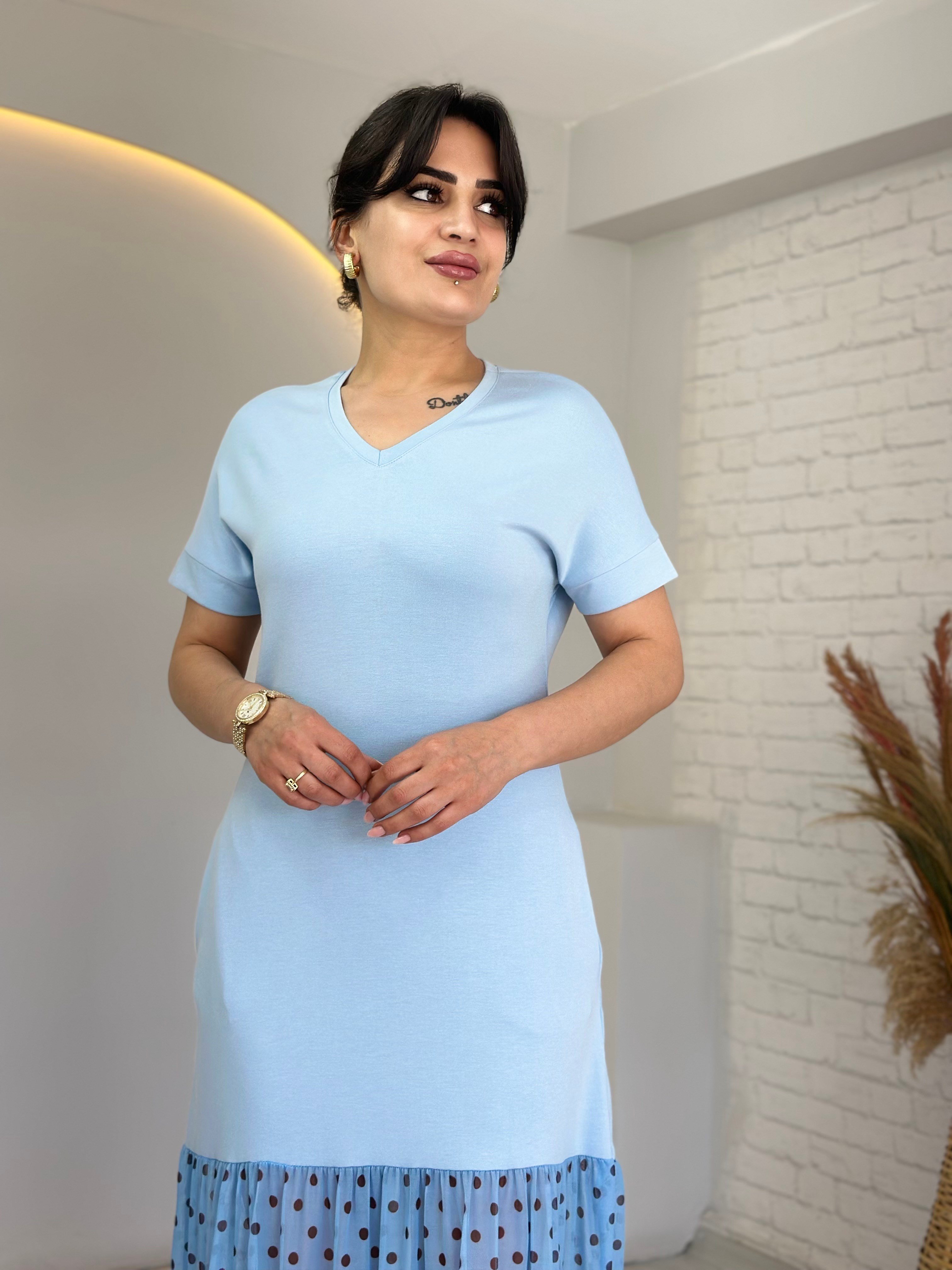 Larin Bebe Mavi V Yaka Puantiye Detaylı Midi Boy Elbise D134