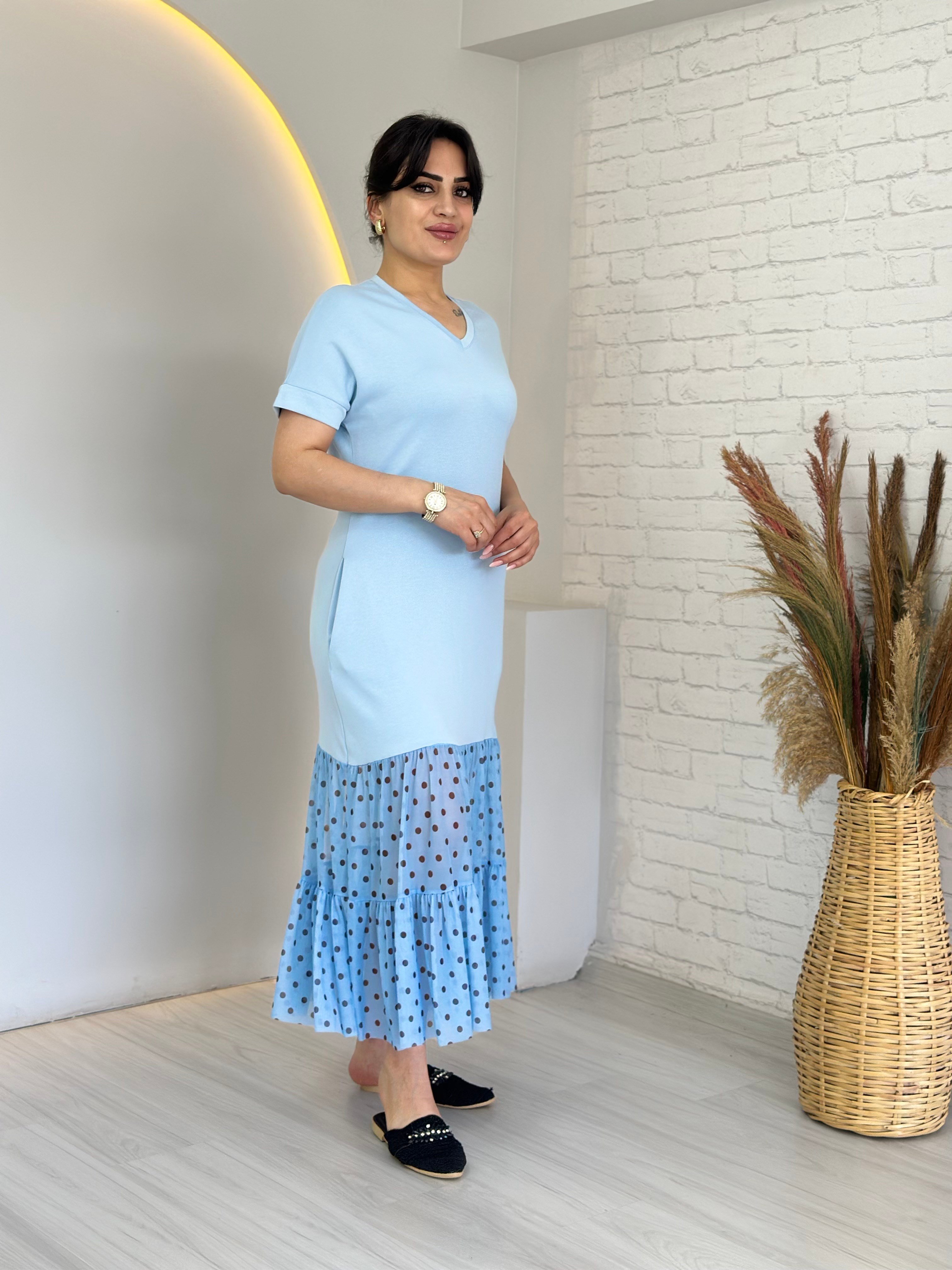 Larin Bebe Mavi V Yaka Puantiye Detaylı Midi Boy Elbise D134