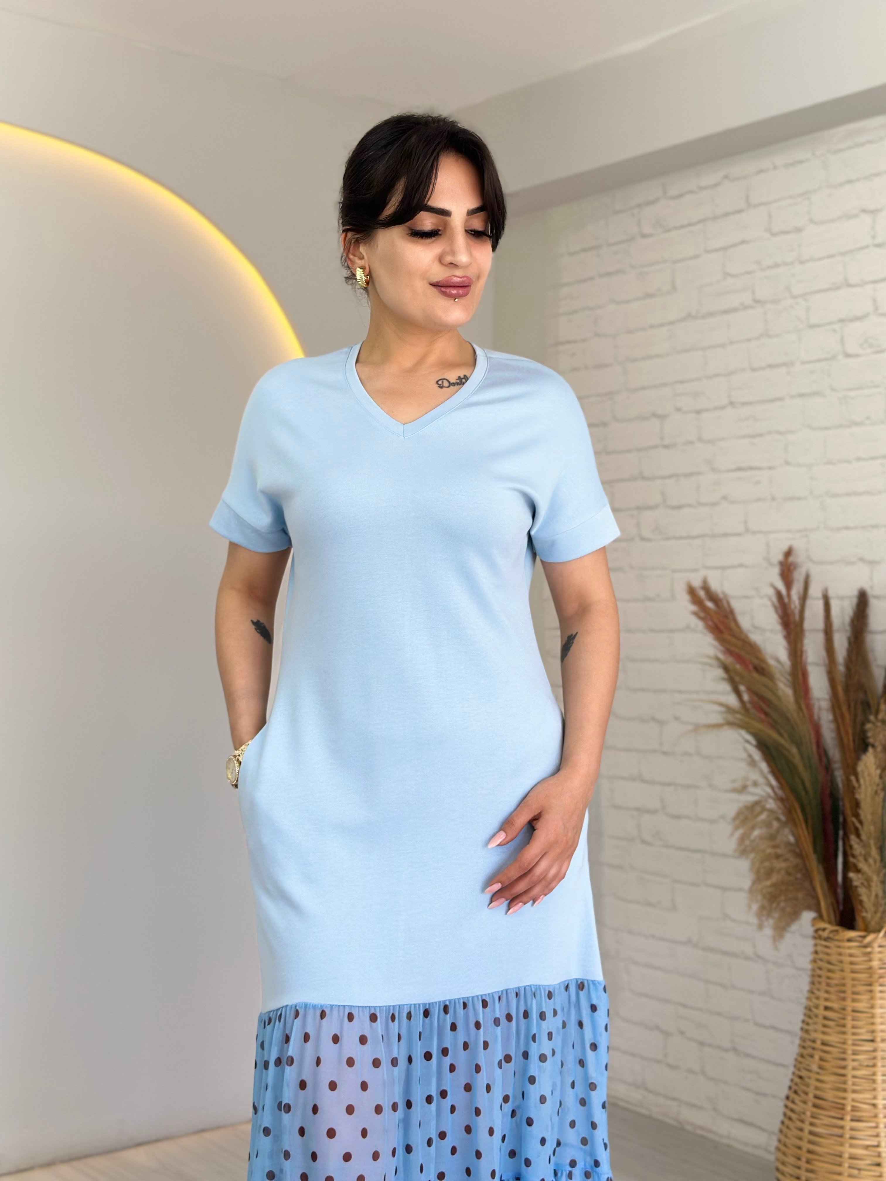 Larin Bebe Mavi V Yaka Puantiye Detaylı Midi Boy Elbise D134