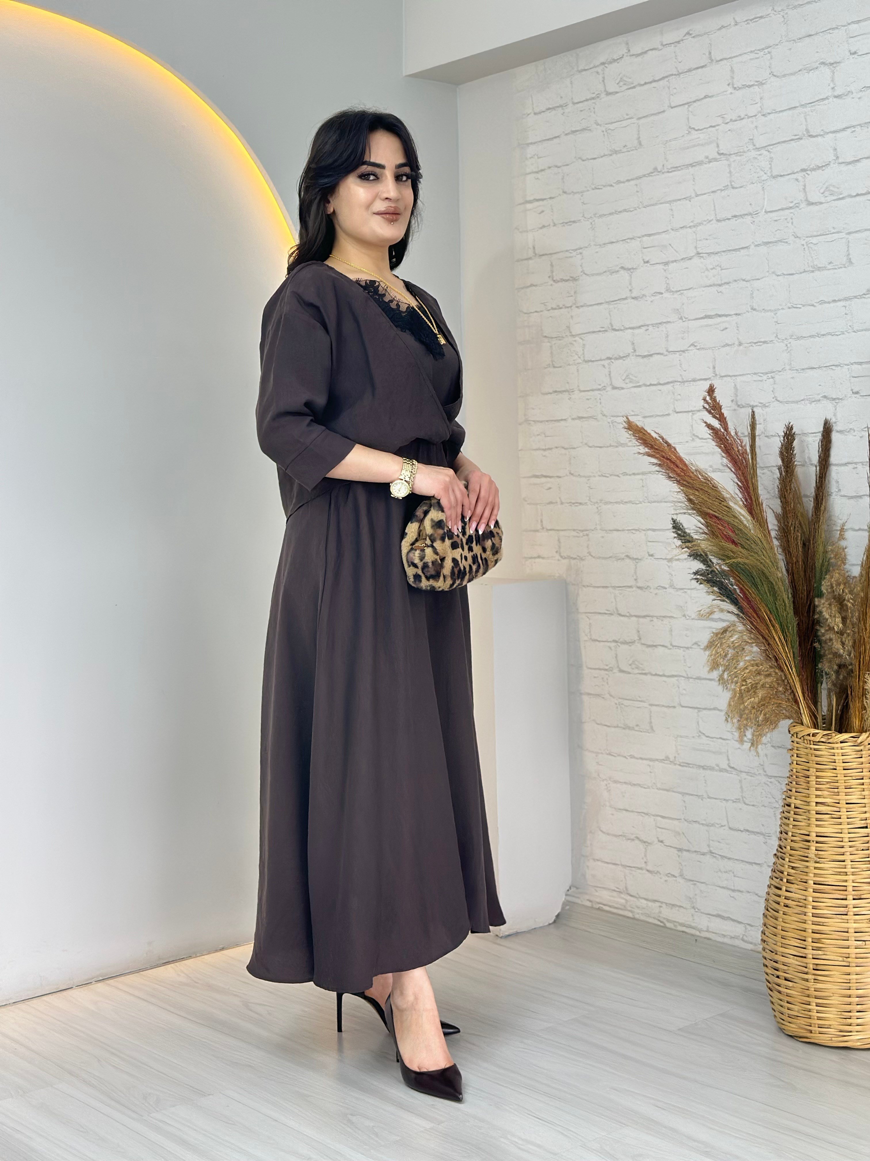 Leno Kahve Gömlek Dantel Detaylı Beli Lastikli Cepli Kloş Elbise D125