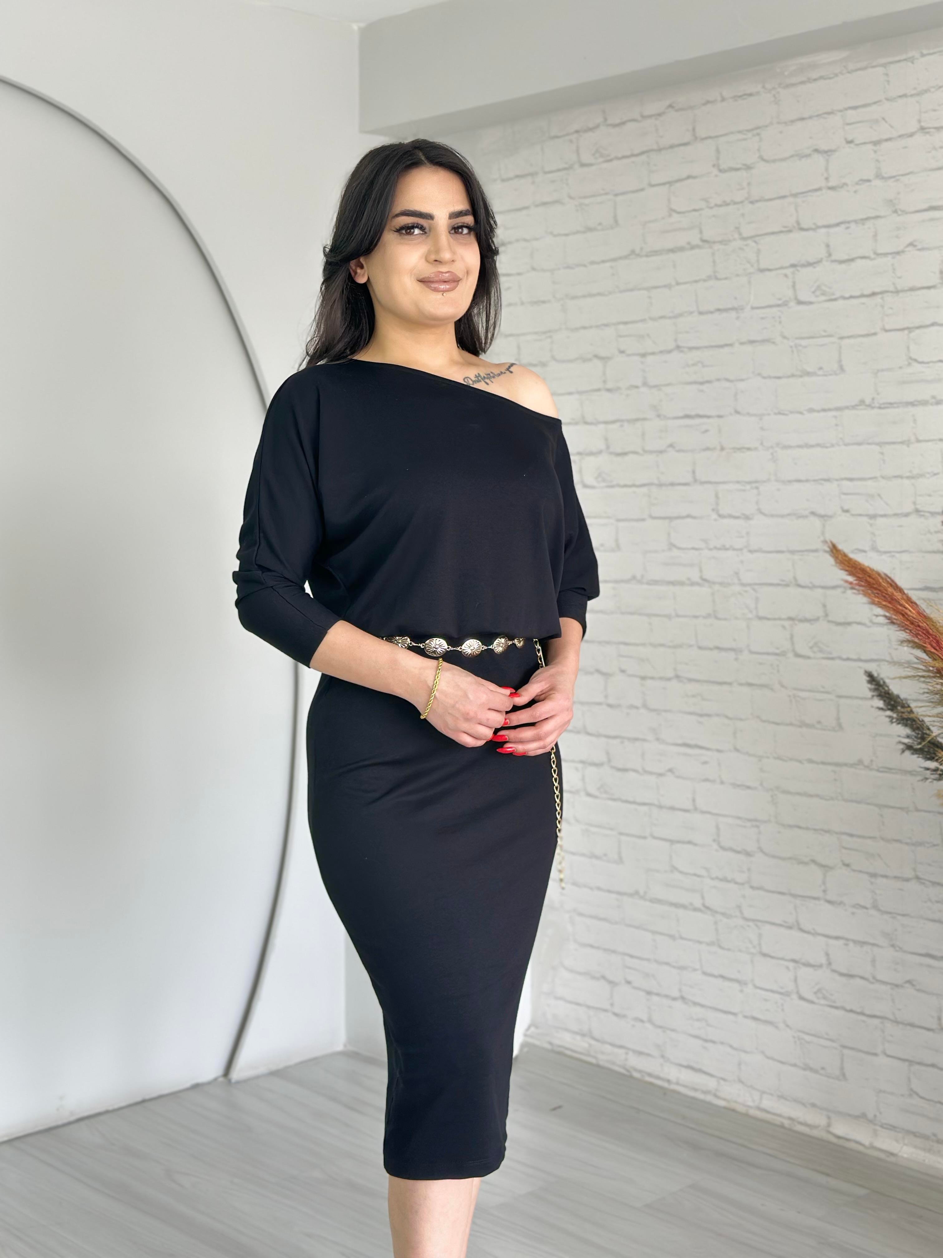 Leno Siyah Kayık Yaka Yarasa Kol Elbise D005