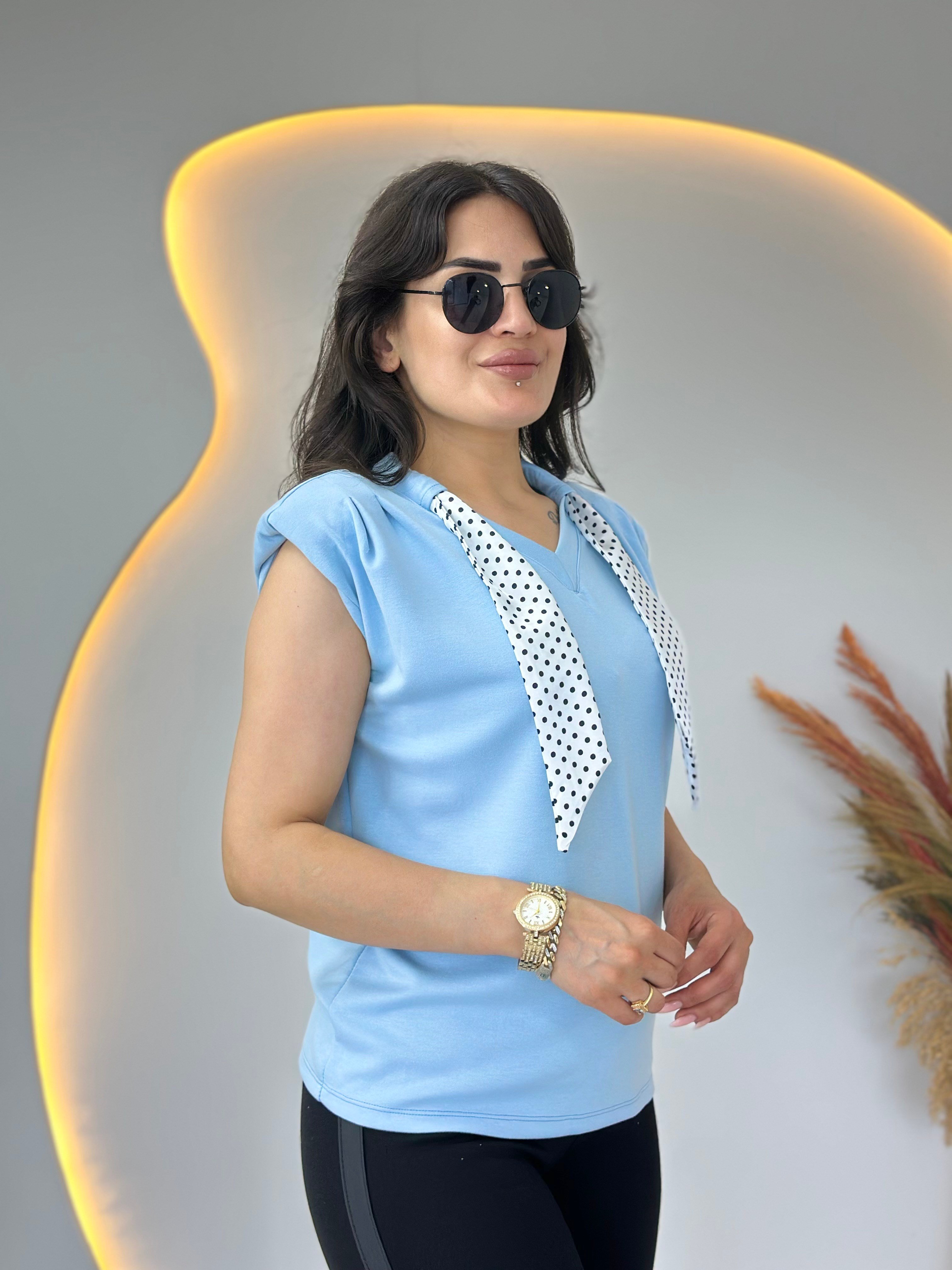Lite Bebe Mavi V Yaka Fular Detaylı Vatkalı Bluz D139