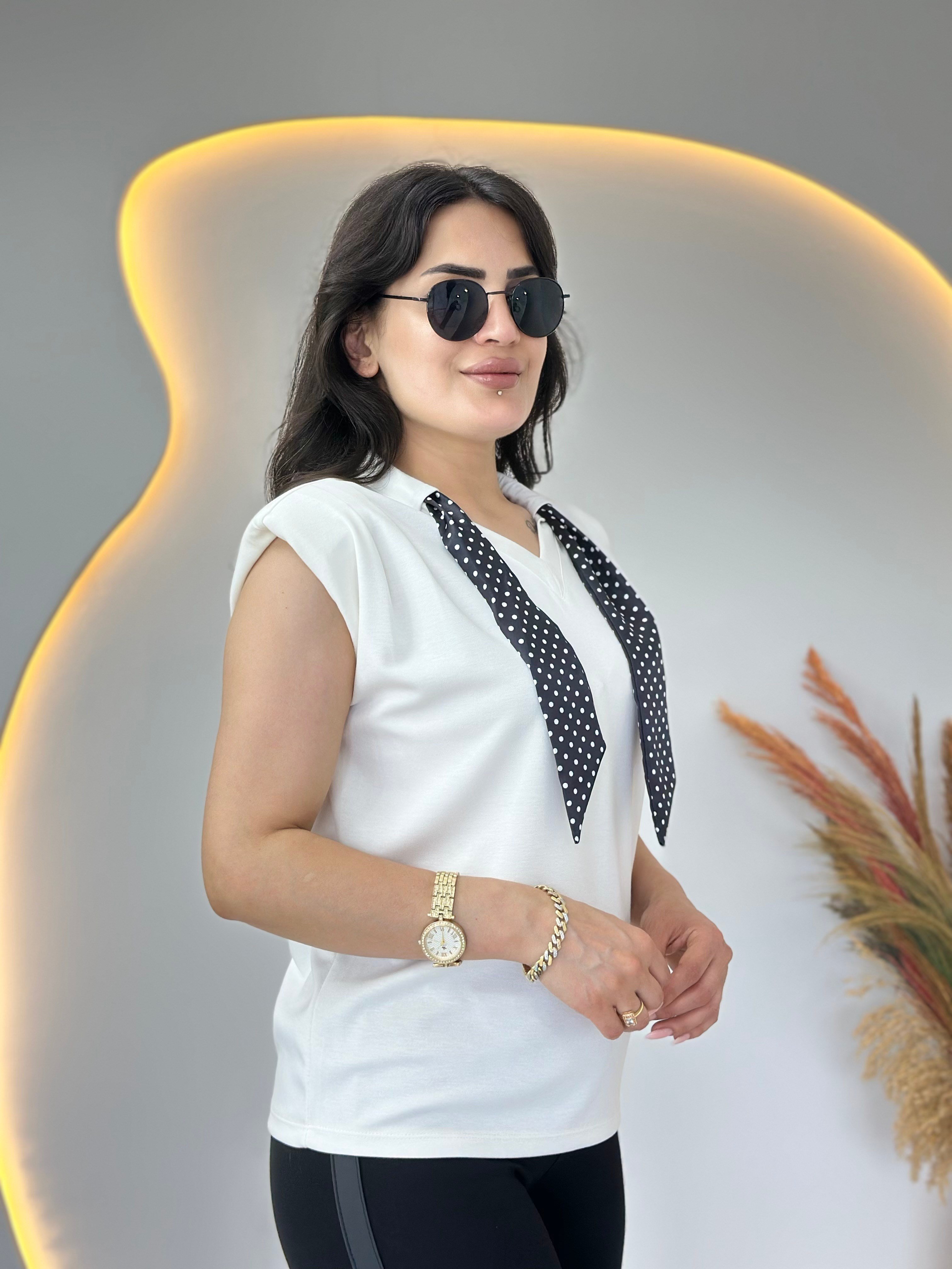 Lite Beyaz V Yaka Fular Detaylı Vatkalı Bluz D139