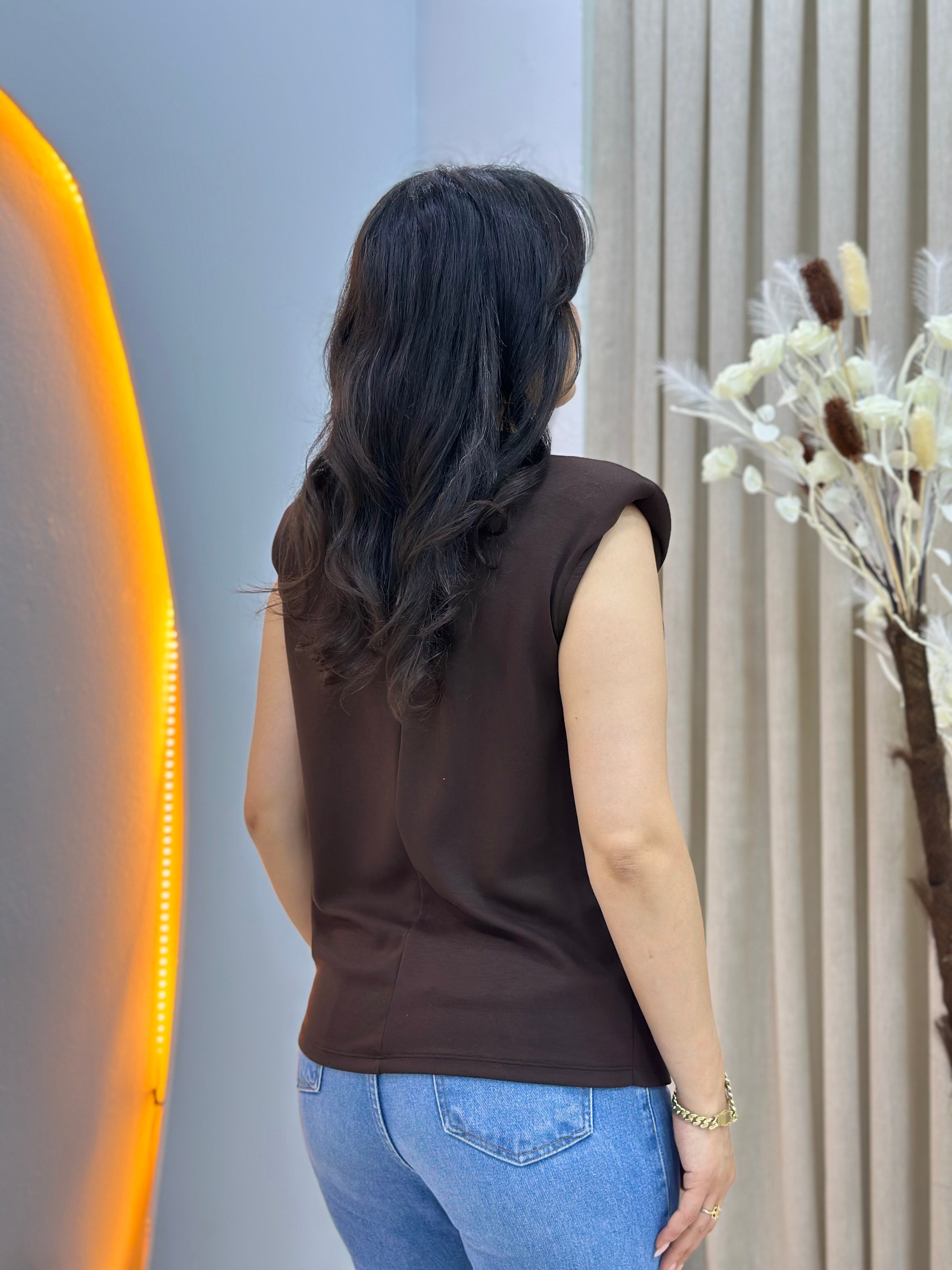Lite Kahve V Yaka Fular Detaylı Vatkalı Bluz D139