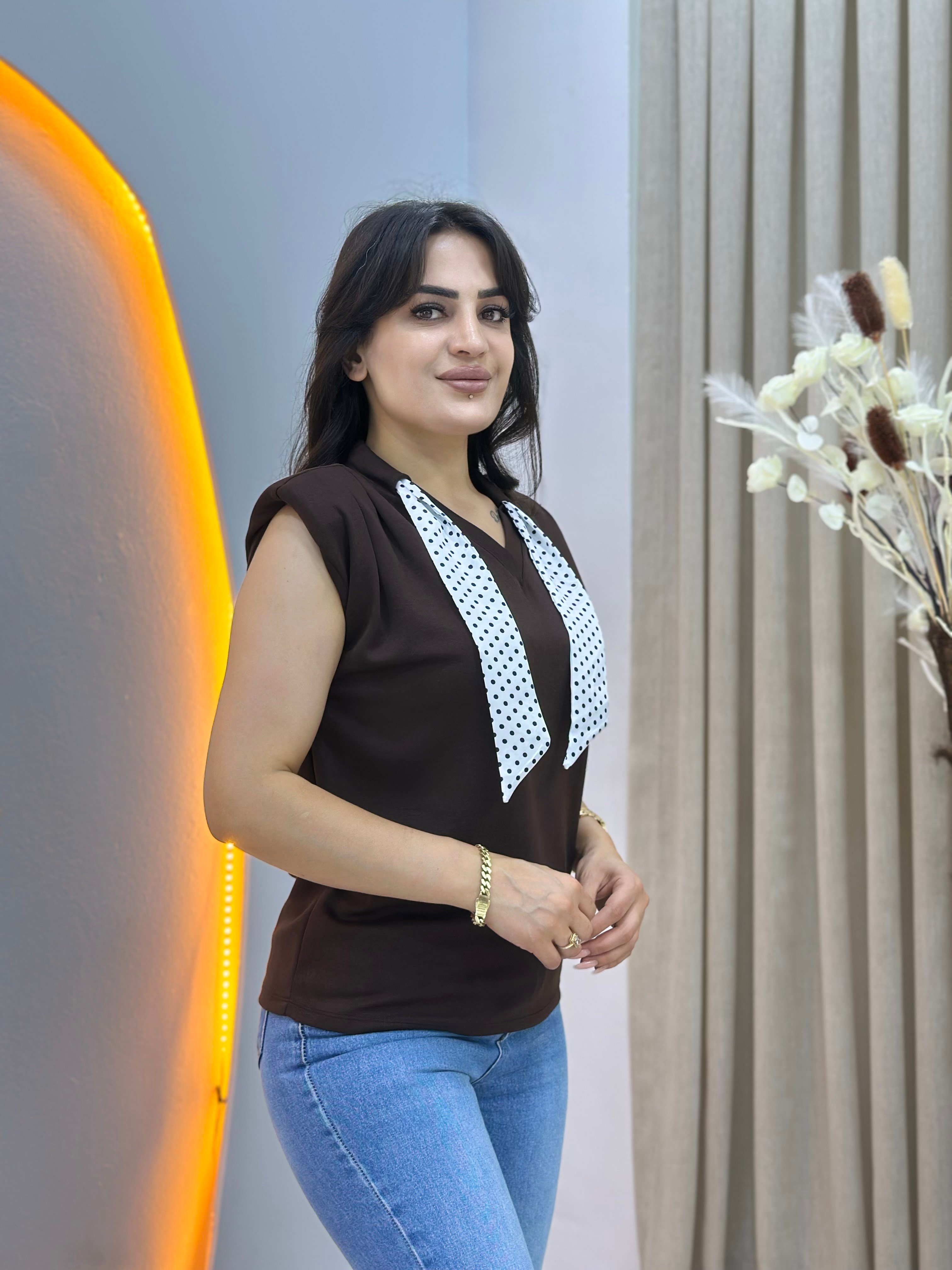 Lite Kahve V Yaka Fular Detaylı Vatkalı Bluz D139