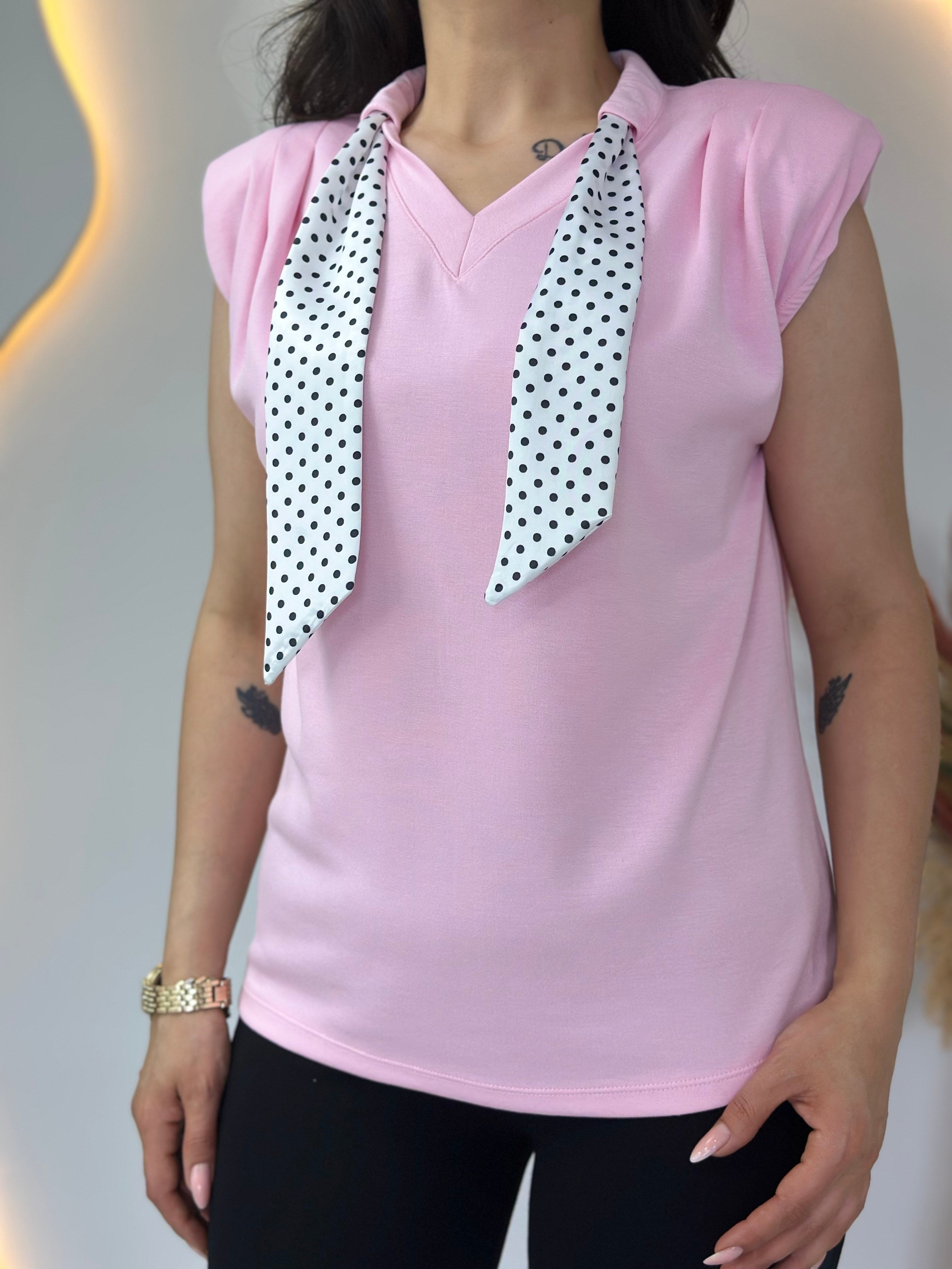 Lite Pembe V Yaka Fular Detaylı Vatkalı Bluz D139