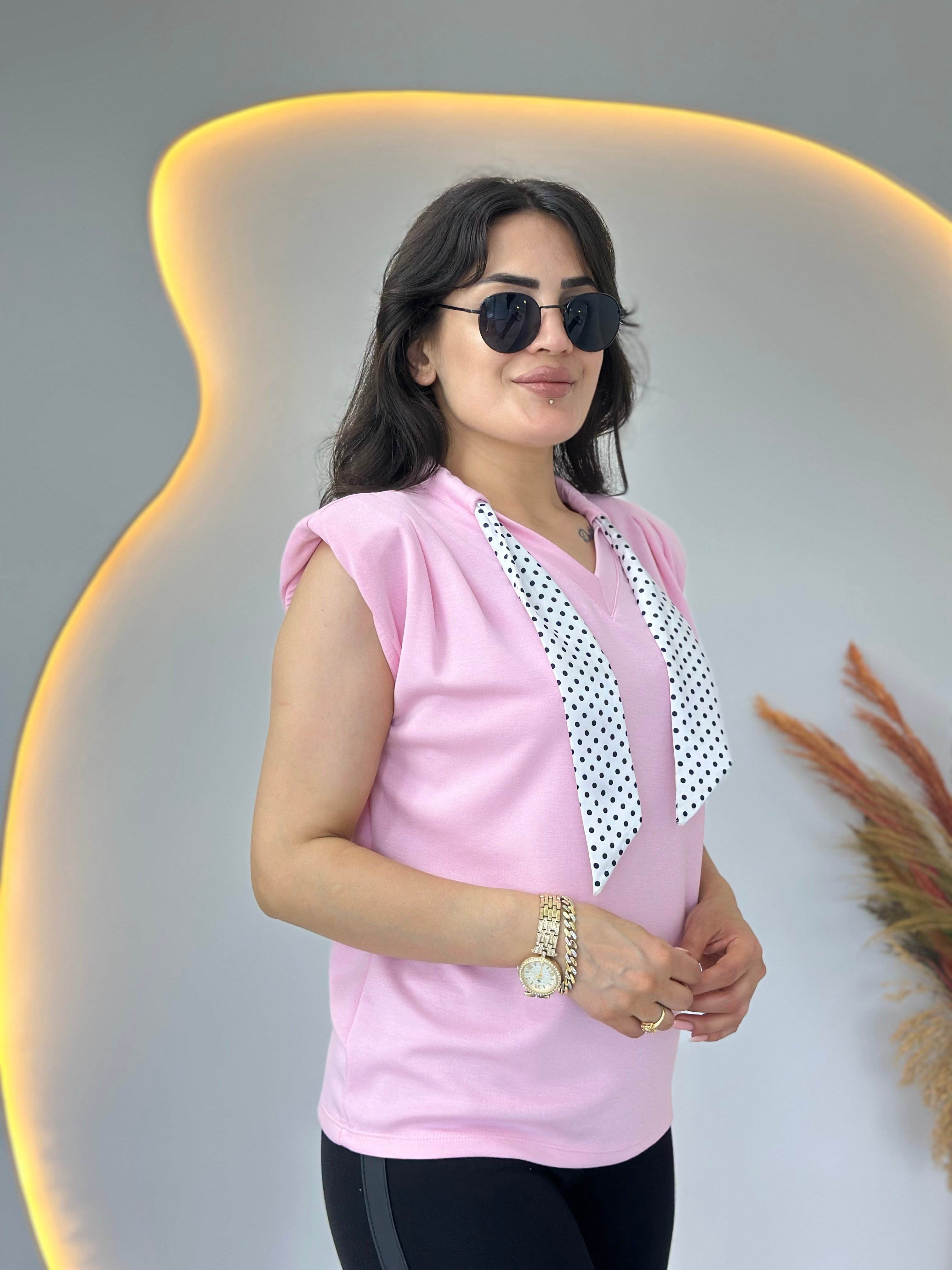Lite Pembe V Yaka Fular Detaylı Vatkalı Bluz D139