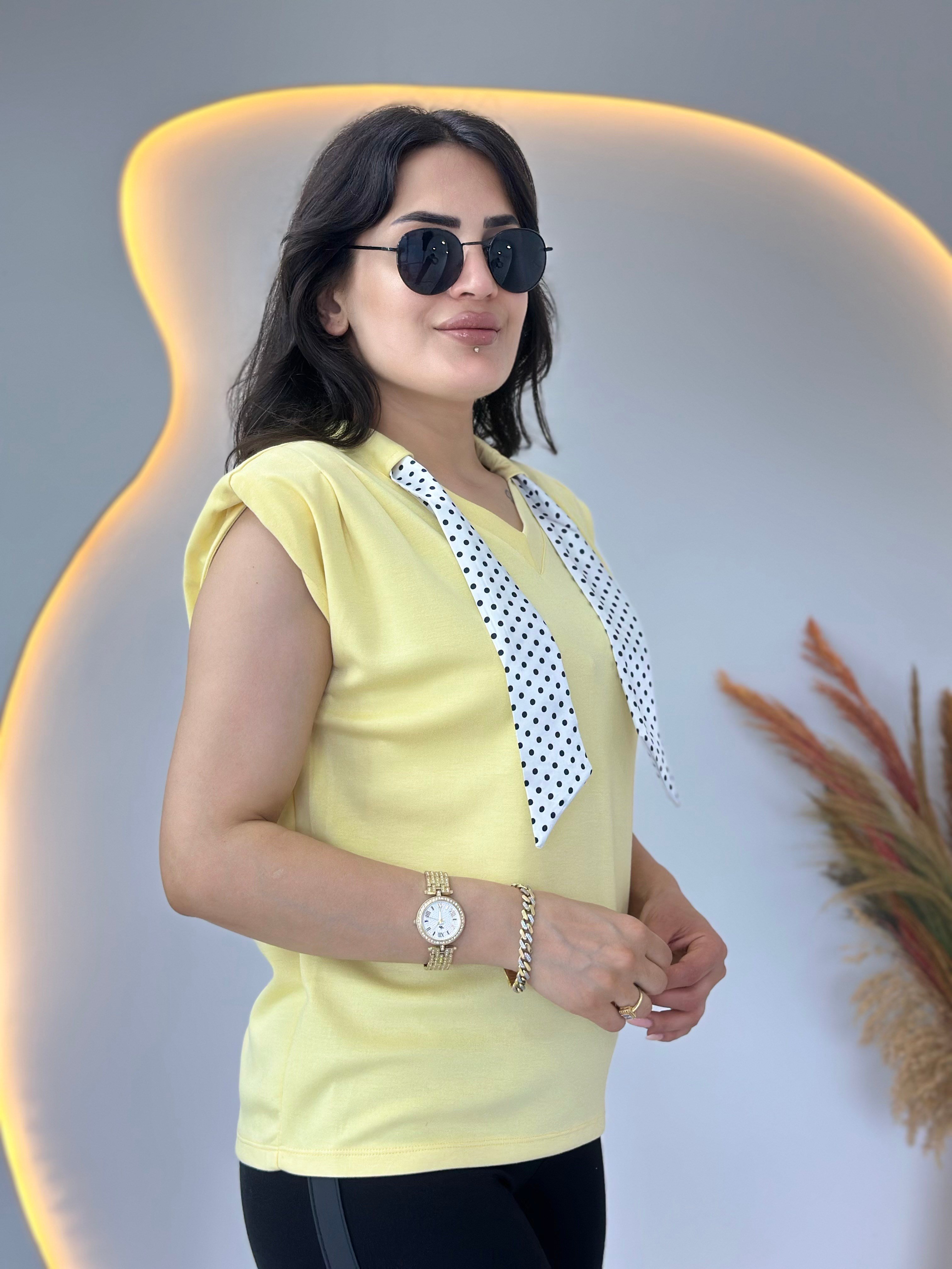 Lite Sarı V Yaka Fular Detaylı Vatkalı Bluz D139
