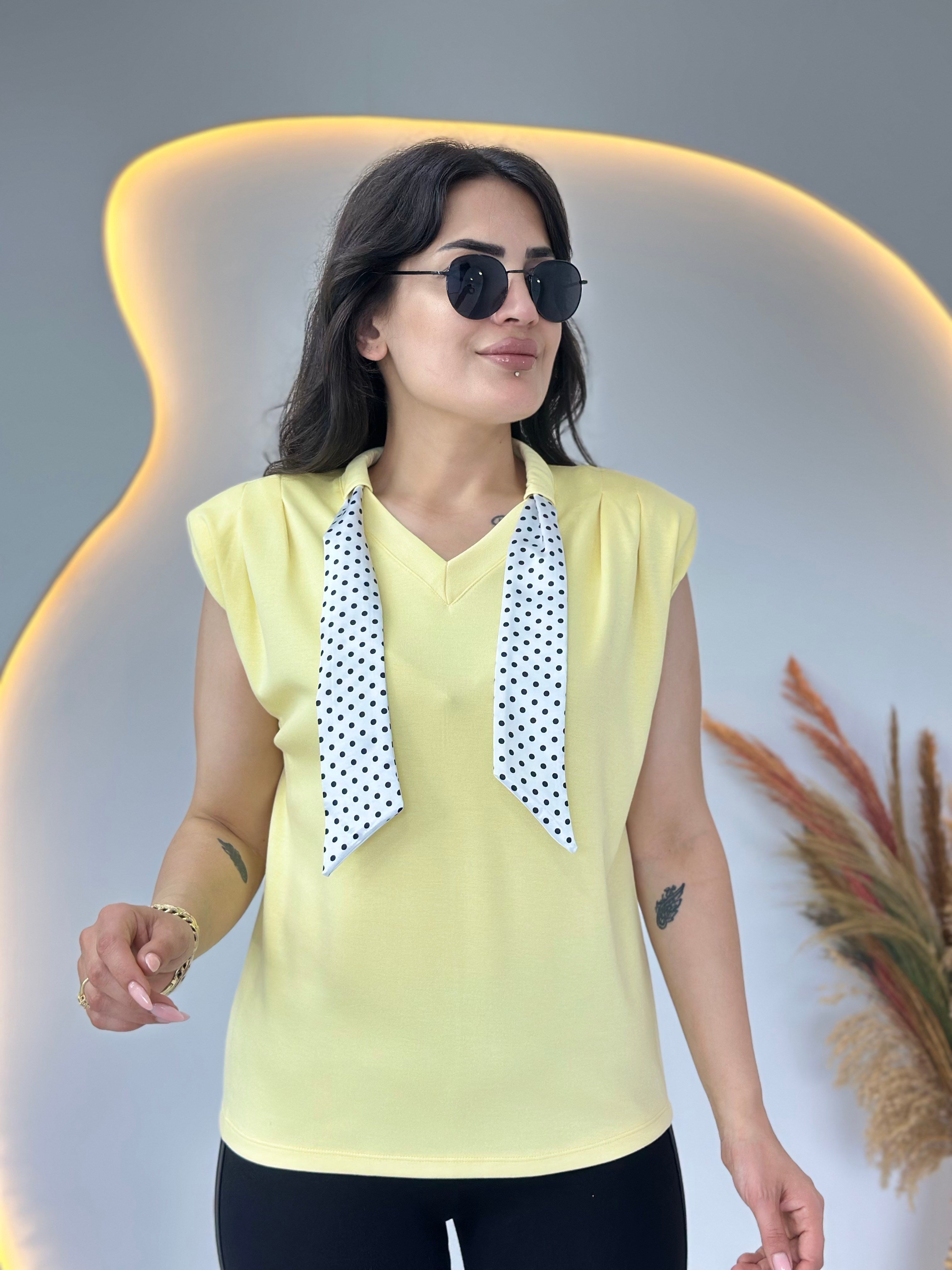 Lite Sarı V Yaka Fular Detaylı Vatkalı Bluz D139