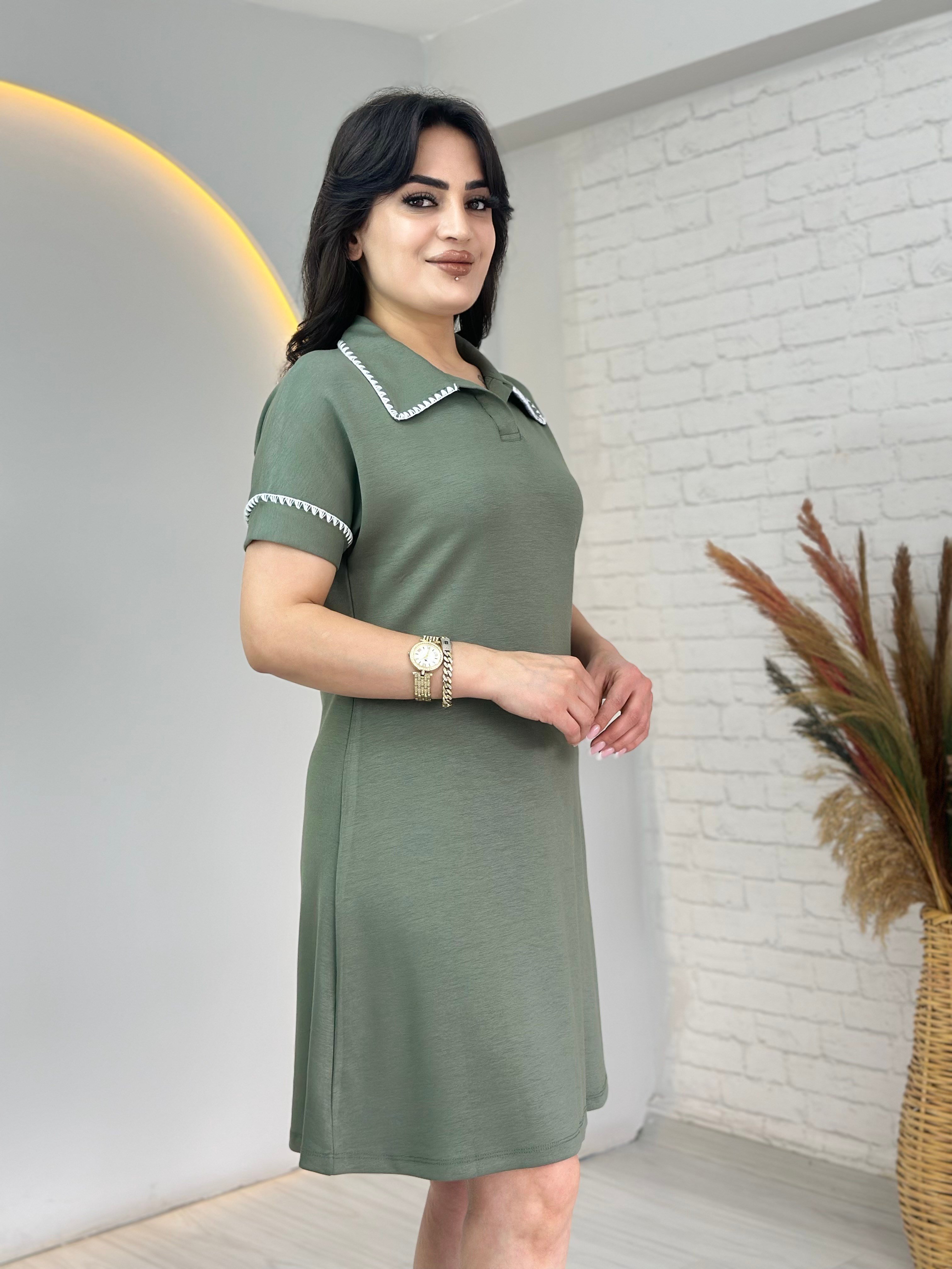Love Mint Yeşili Polo Yaka Kroşetalı İpekli Dokuma Elbise D124