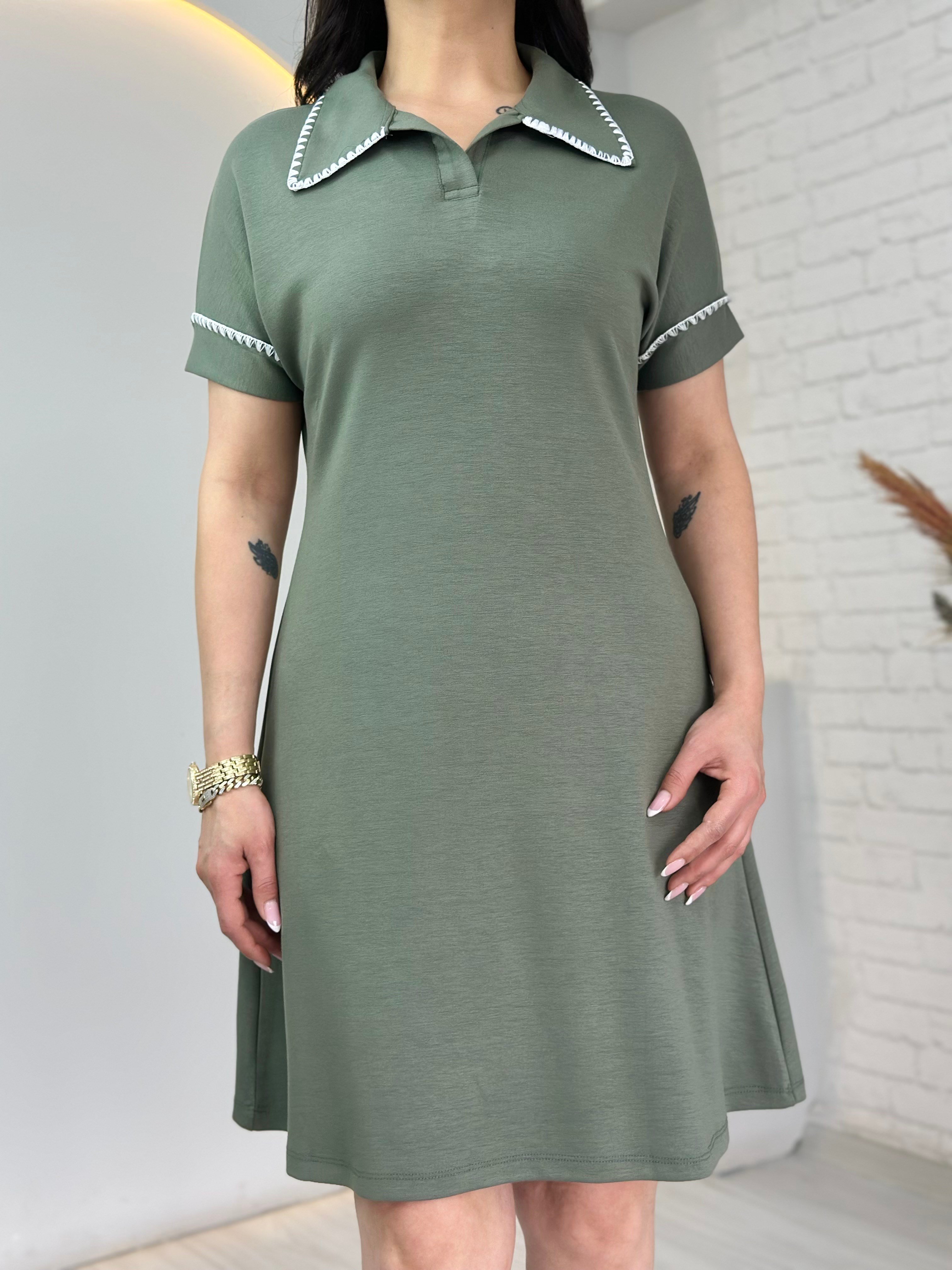 Love Mint Yeşili Polo Yaka Kroşetalı İpekli Dokuma Elbise D124