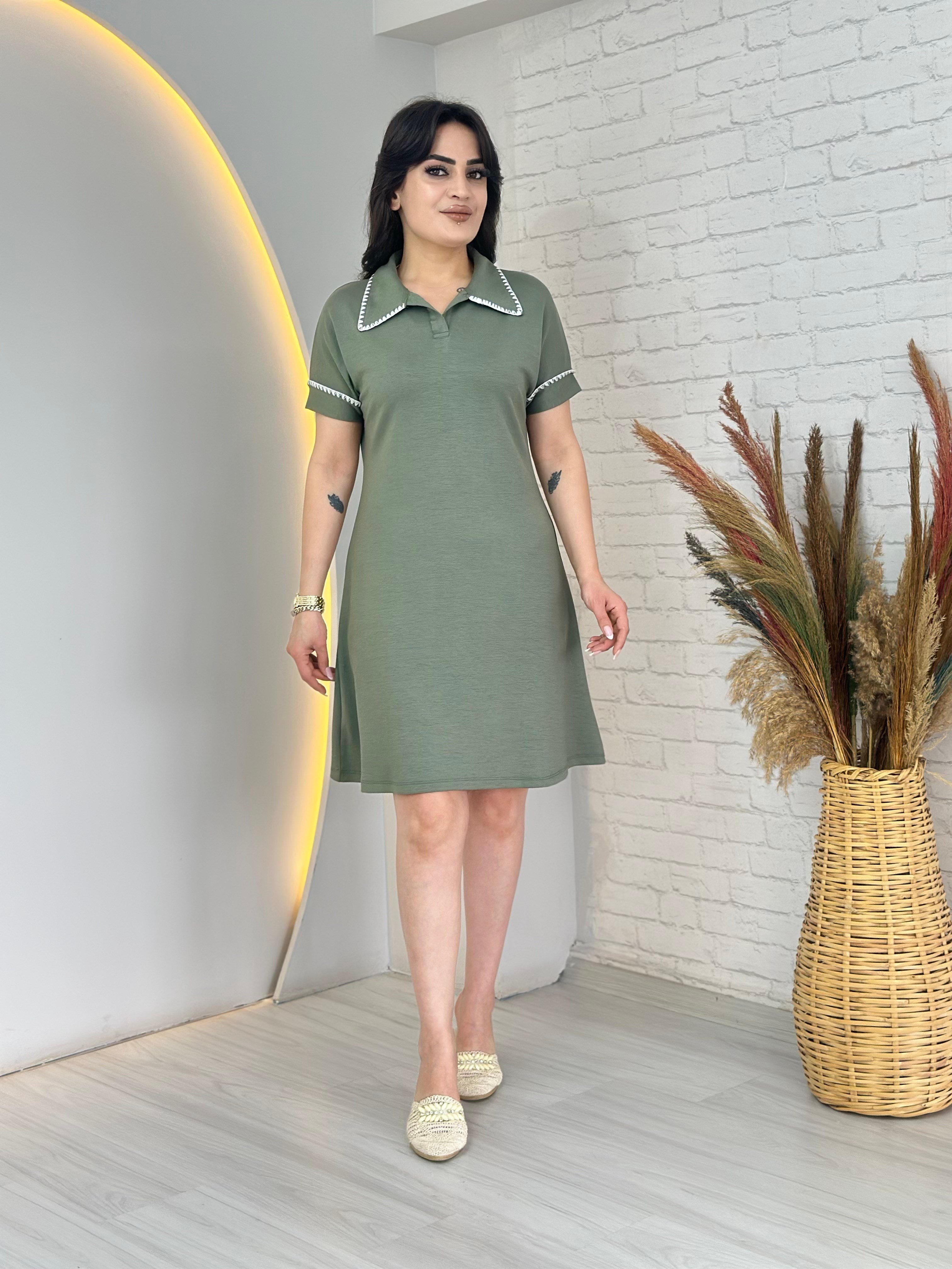 Love Mint Yeşili Polo Yaka Kroşetalı İpekli Dokuma Elbise D124