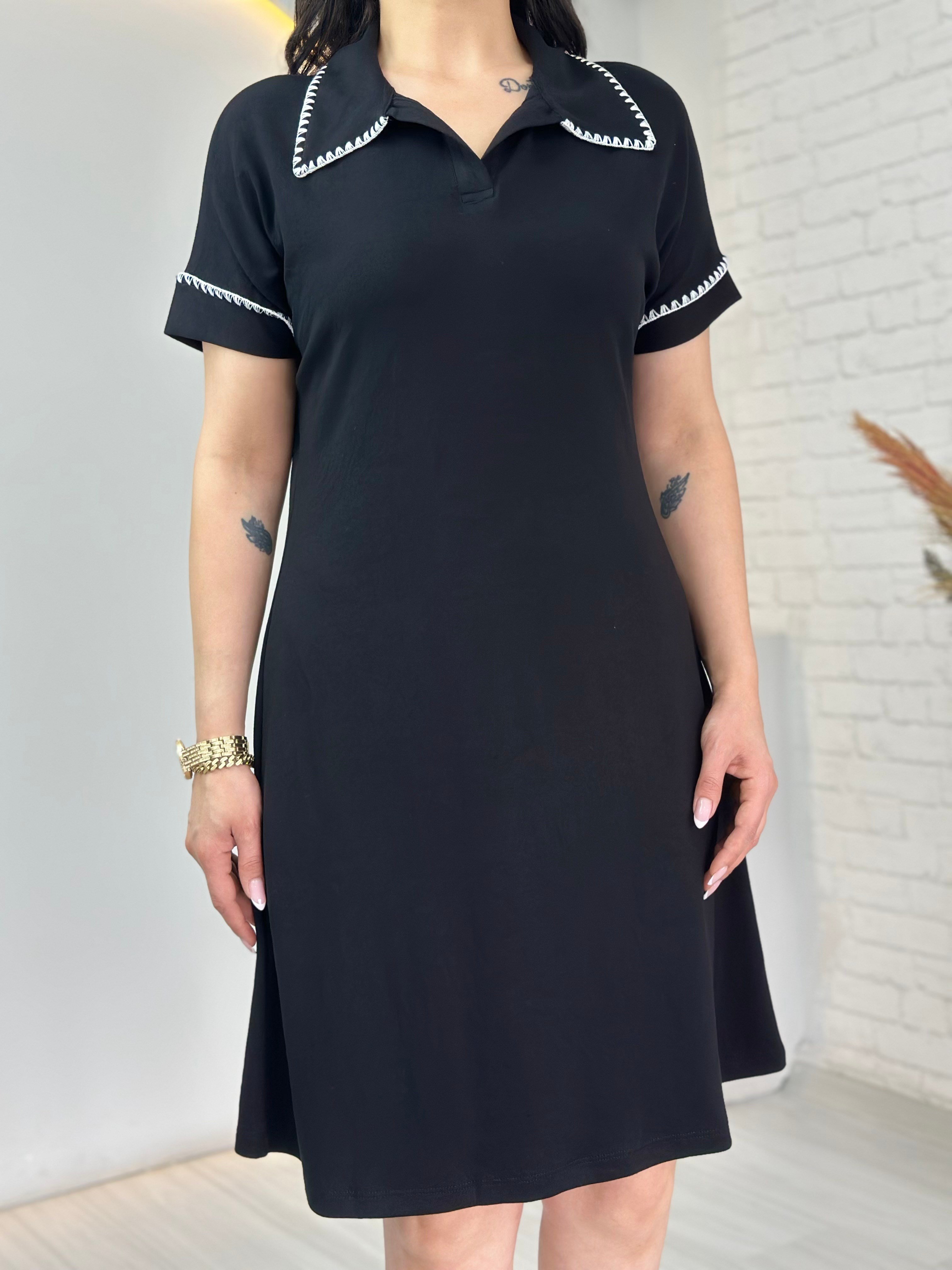 Love Siyah Polo Yaka Kroşetalı İpekli Dokuma Elbise D124
