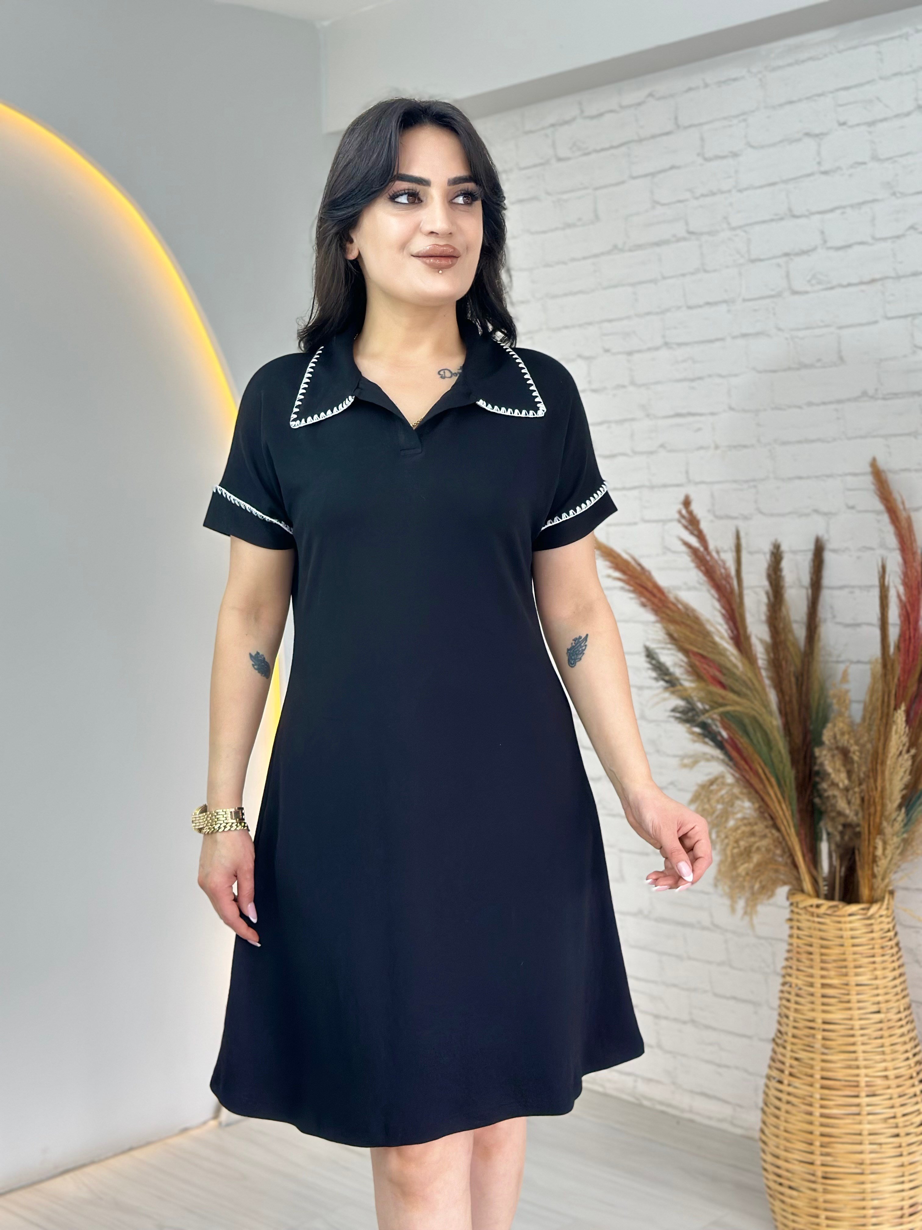 Love Siyah Polo Yaka Kroşetalı İpekli Dokuma Elbise D124