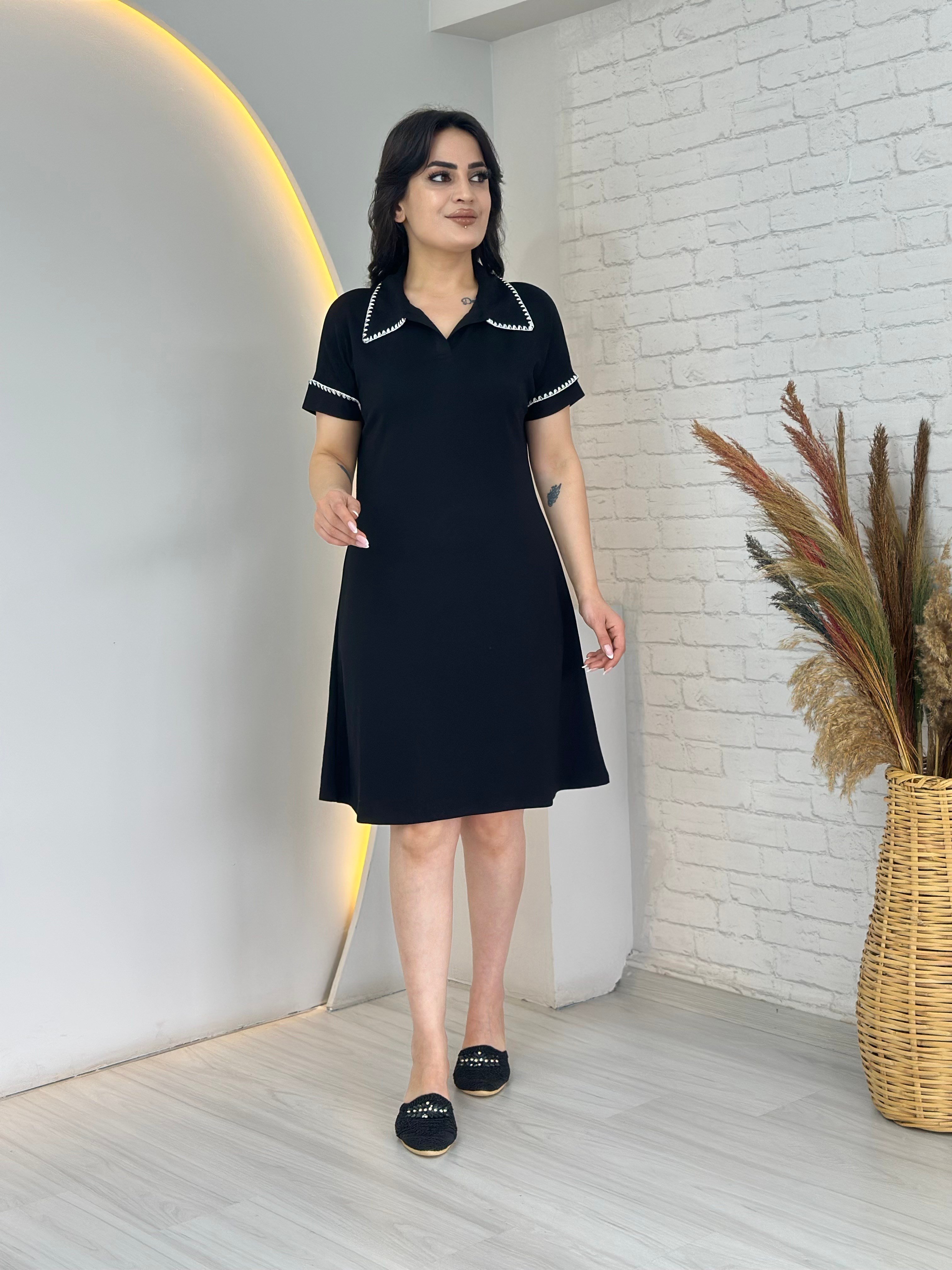 Love Siyah Polo Yaka Kroşetalı İpekli Dokuma Elbise D124
