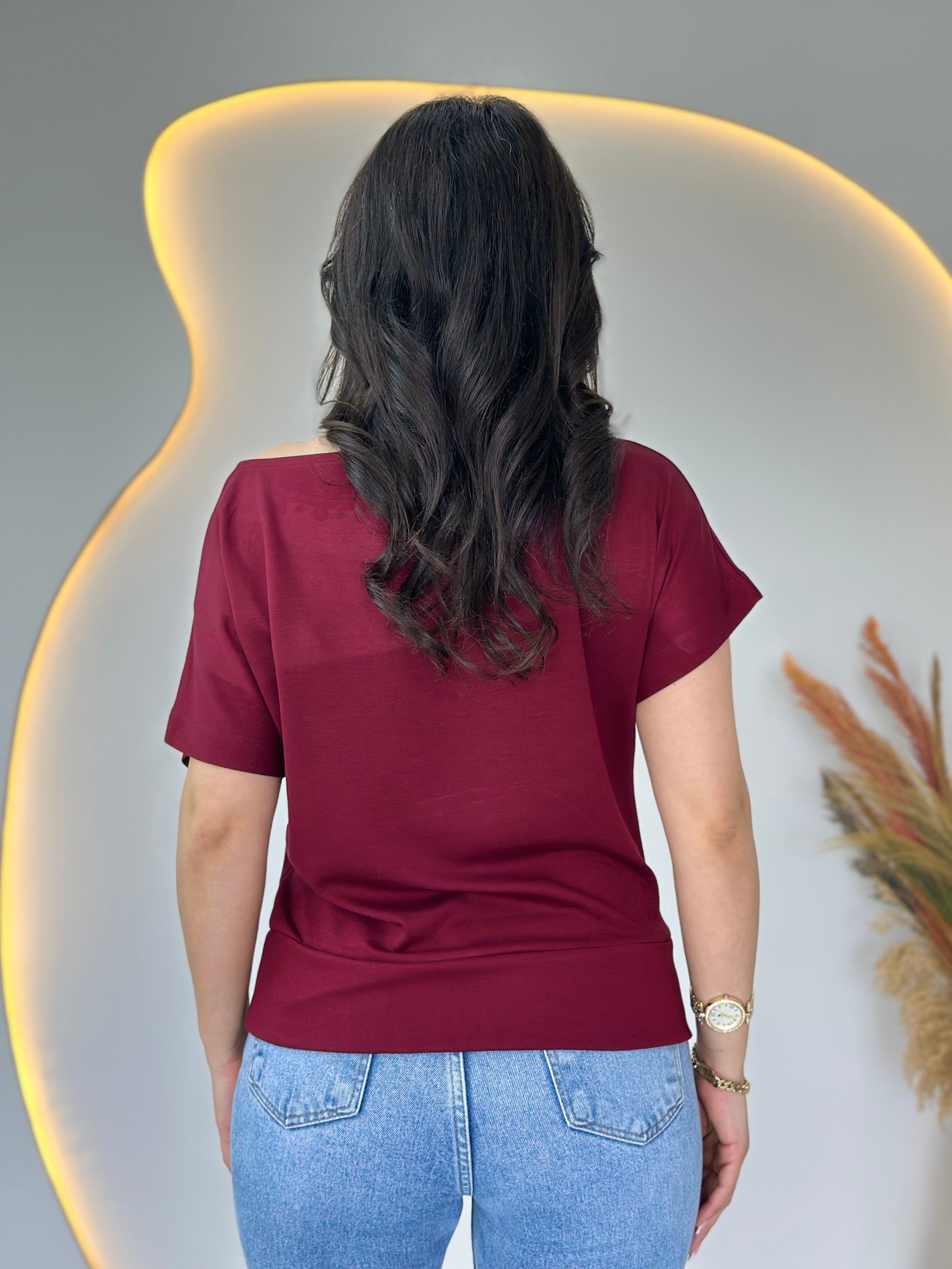Lunes Bordo Kayık Yaka Kuş Gözü Detaylı Kısa Kol Bluz D115