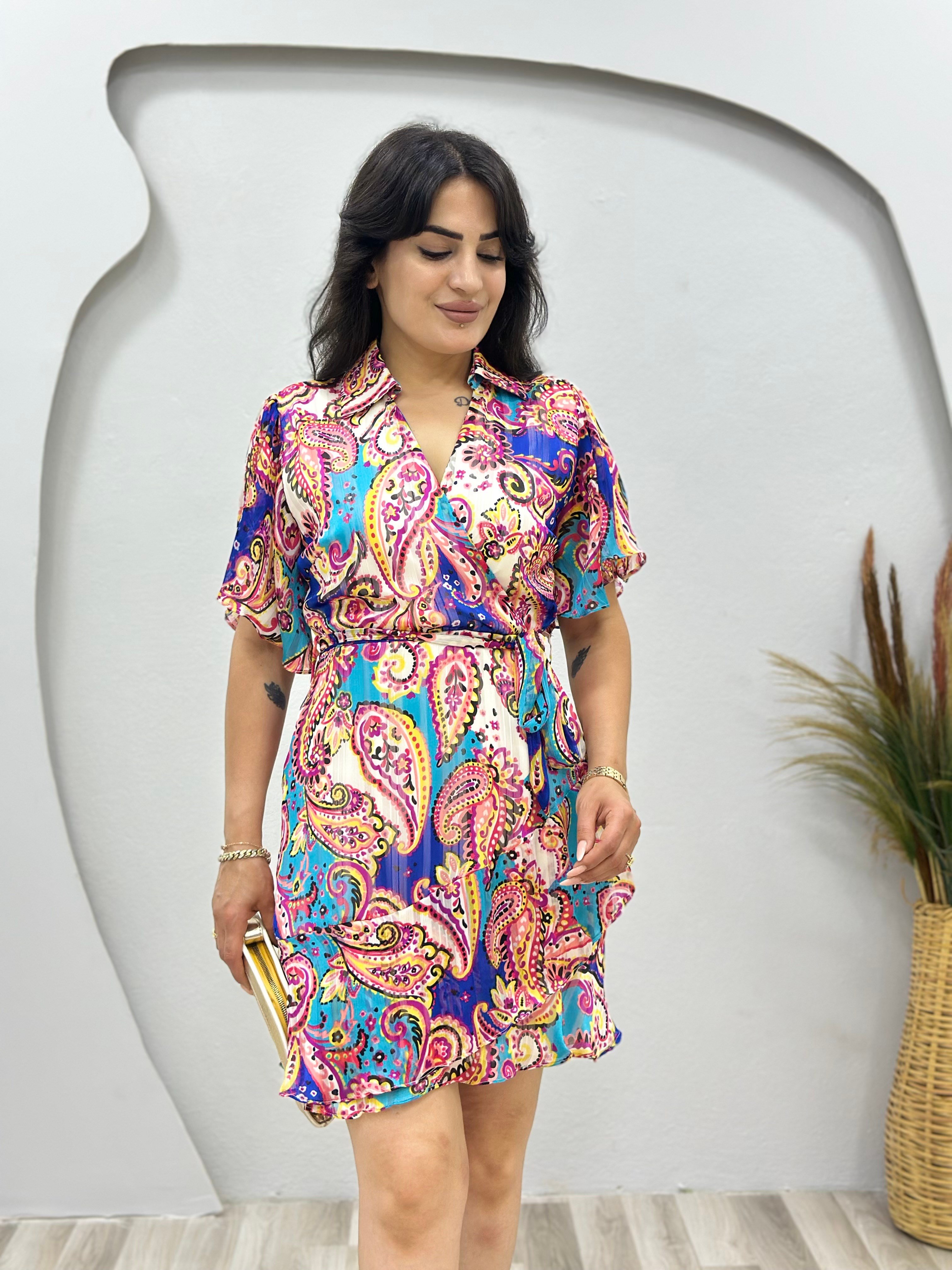 Marbella Saks Mavi Şal Desenli Gömlek Yaka Belden Kuşaklı Volanlı Elbise D144