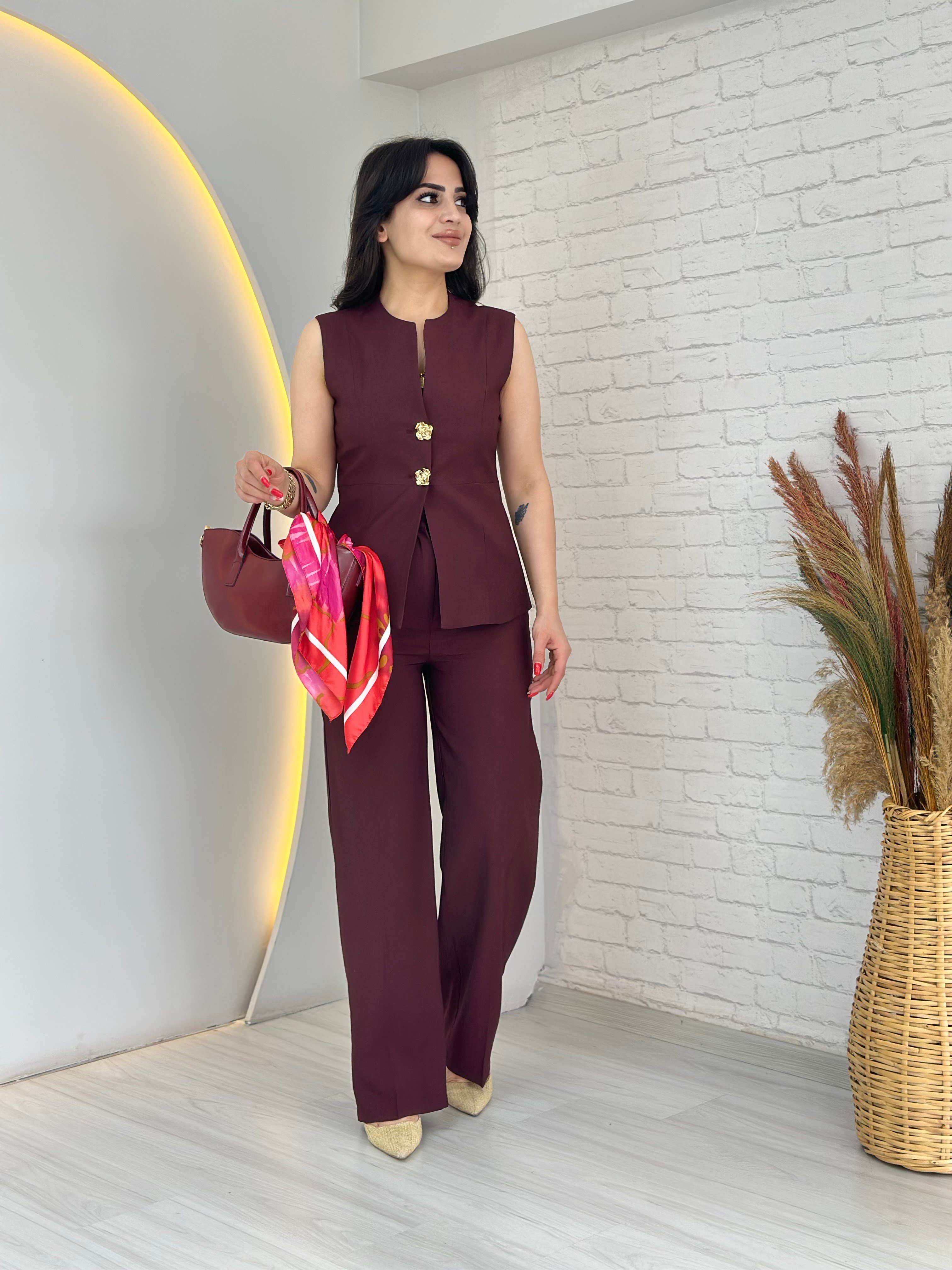 Marga Mürdüm Gold Çift Düğme Detaylı Yelek Pantolon İkili Takım D102