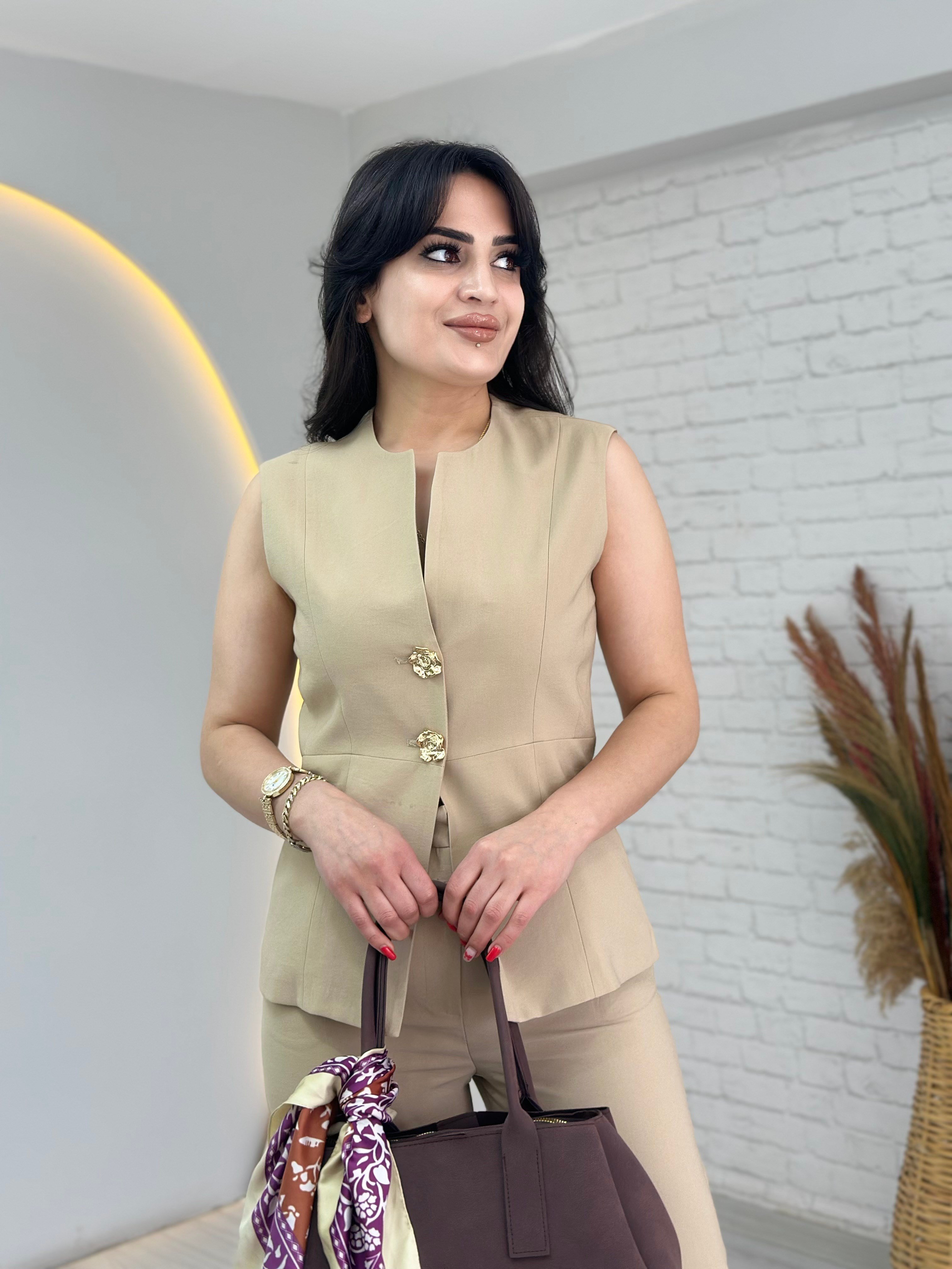 Marga Vizon Gold Çift Düğme Detaylı Yelek Pantolon İkili Takım D102