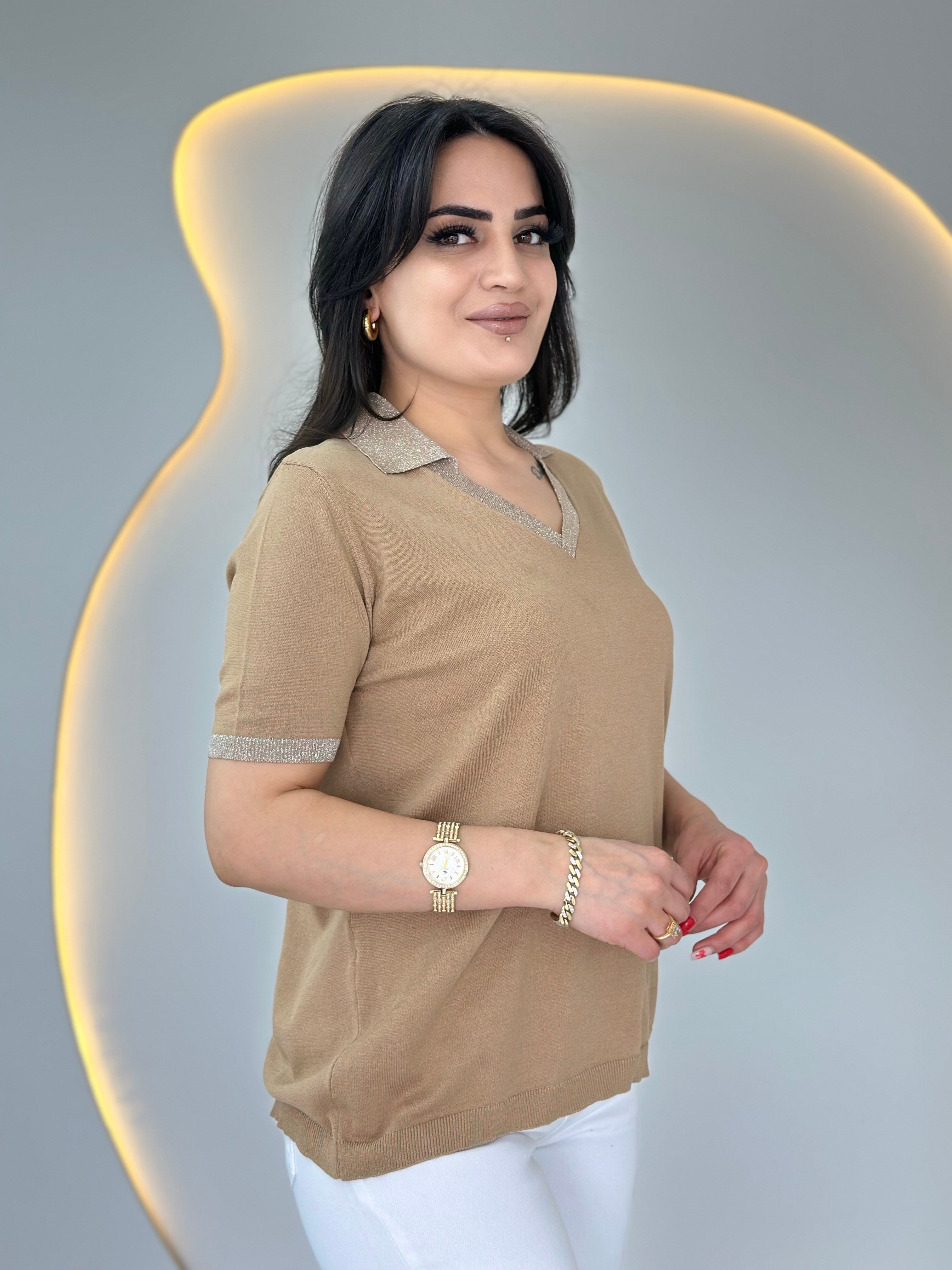 Mave Camel Polo Yaka Kol Sim İşlemeli Merserize Bluz D088