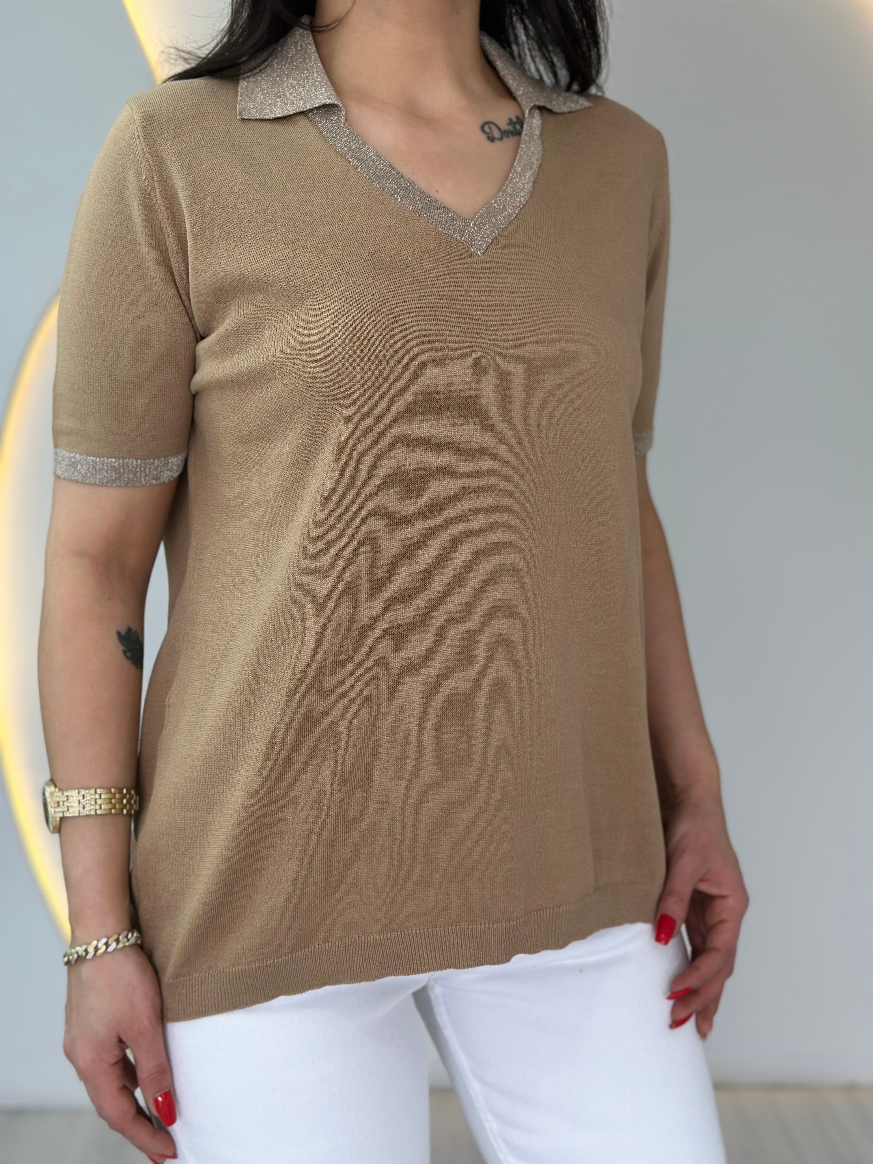 Mave Camel Polo Yaka Kol Sim İşlemeli Merserize Bluz D088