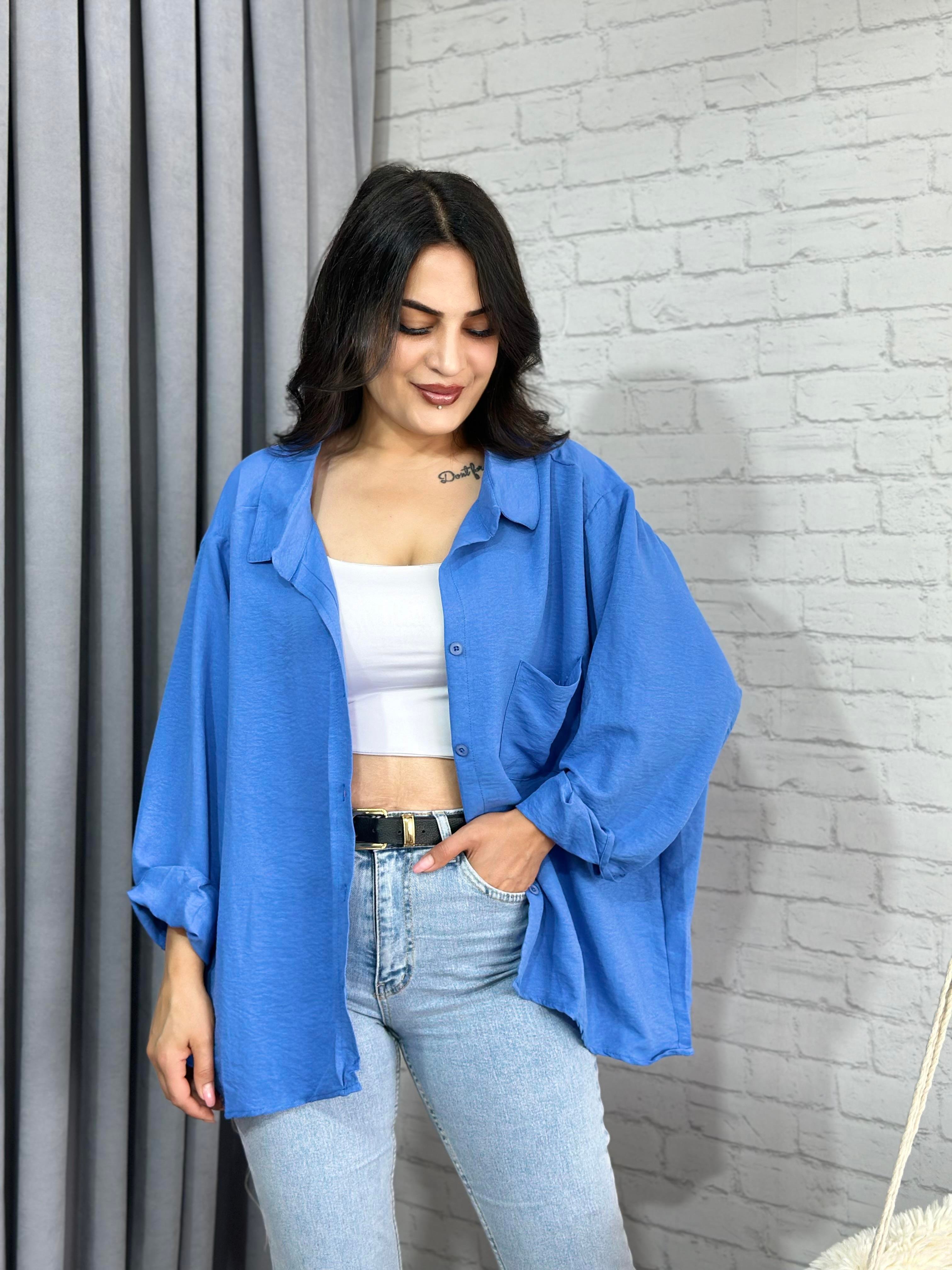 Mavi Tensel Bambu Oversize Cepli  Gömlek 