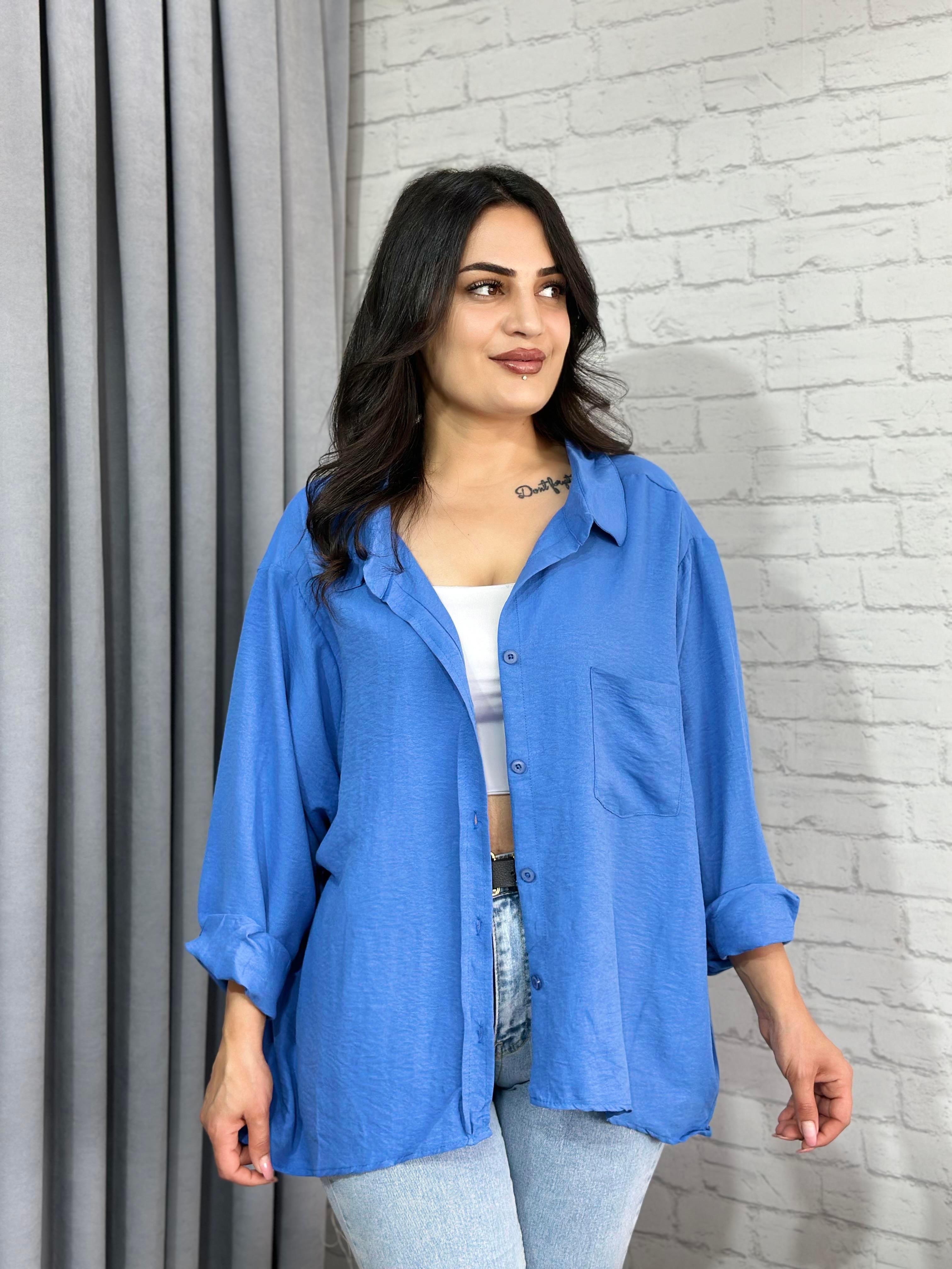 Mavi Tensel Bambu Oversize Cepli  Gömlek 