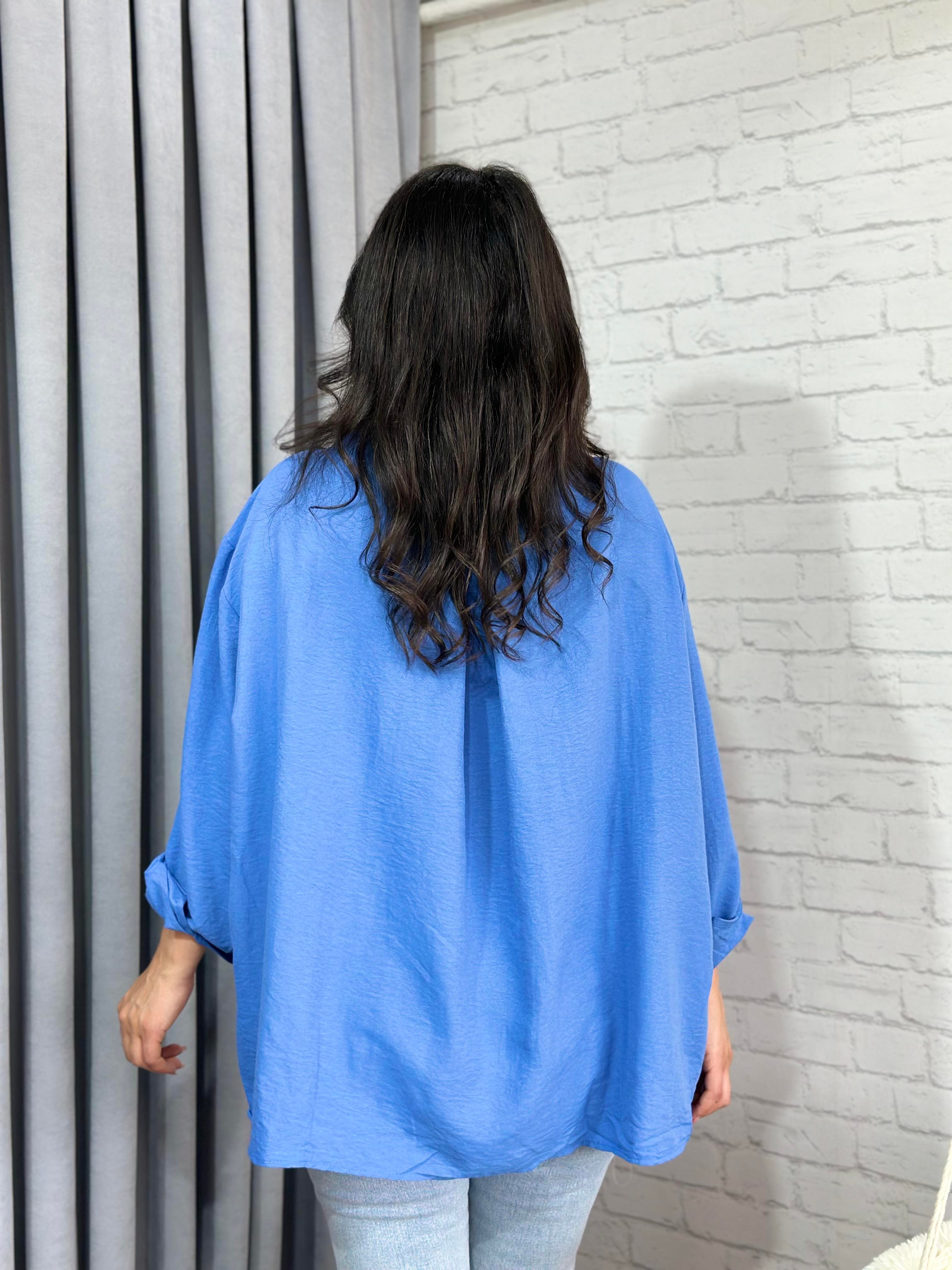 Mavi Tensel Bambu Oversize Cepli  Gömlek 