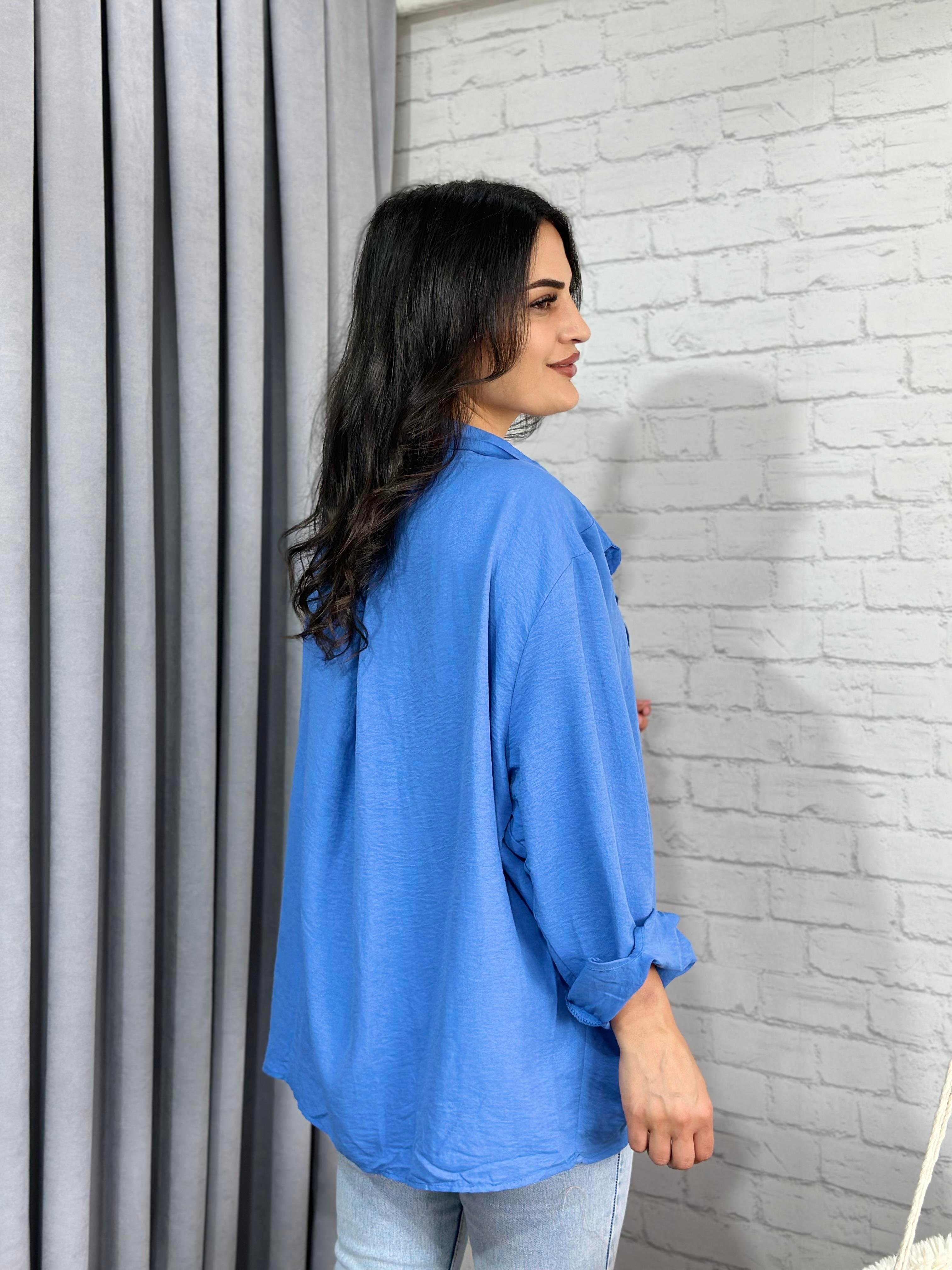 Mavi Tensel Bambu Oversize Cepli  Gömlek 