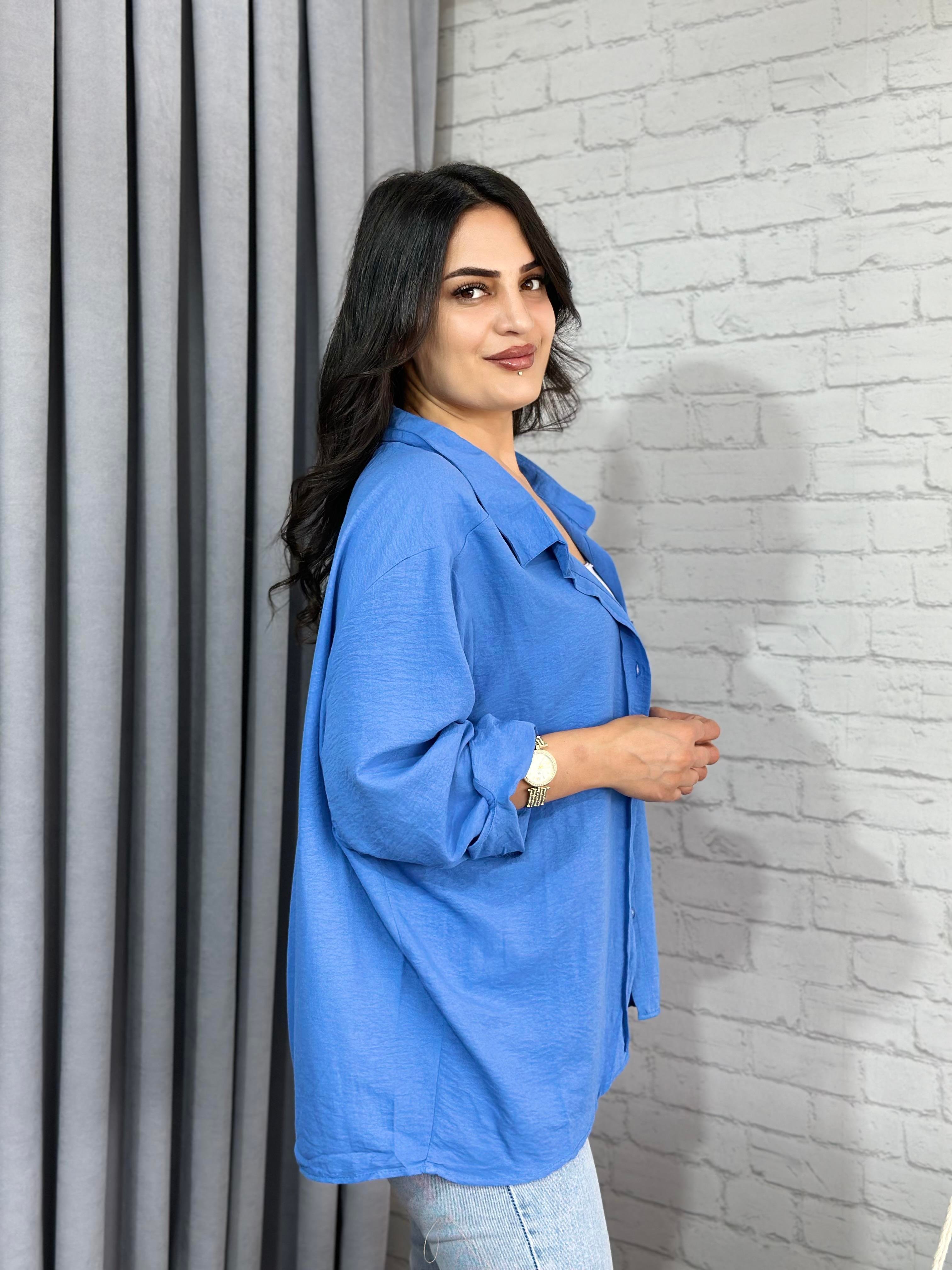 Mavi Tensel Bambu Oversize Cepli  Gömlek 