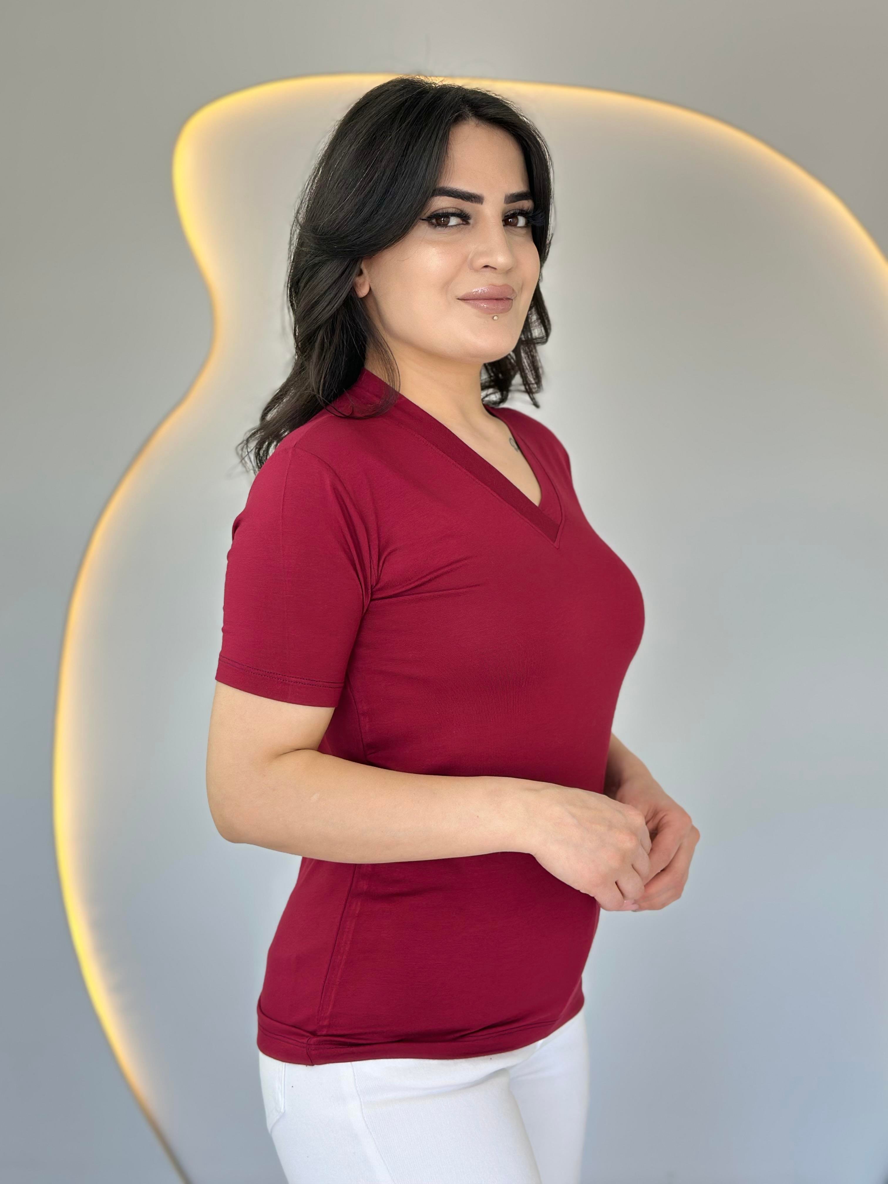 May Bordo V Yaka Basic Tshirt D031